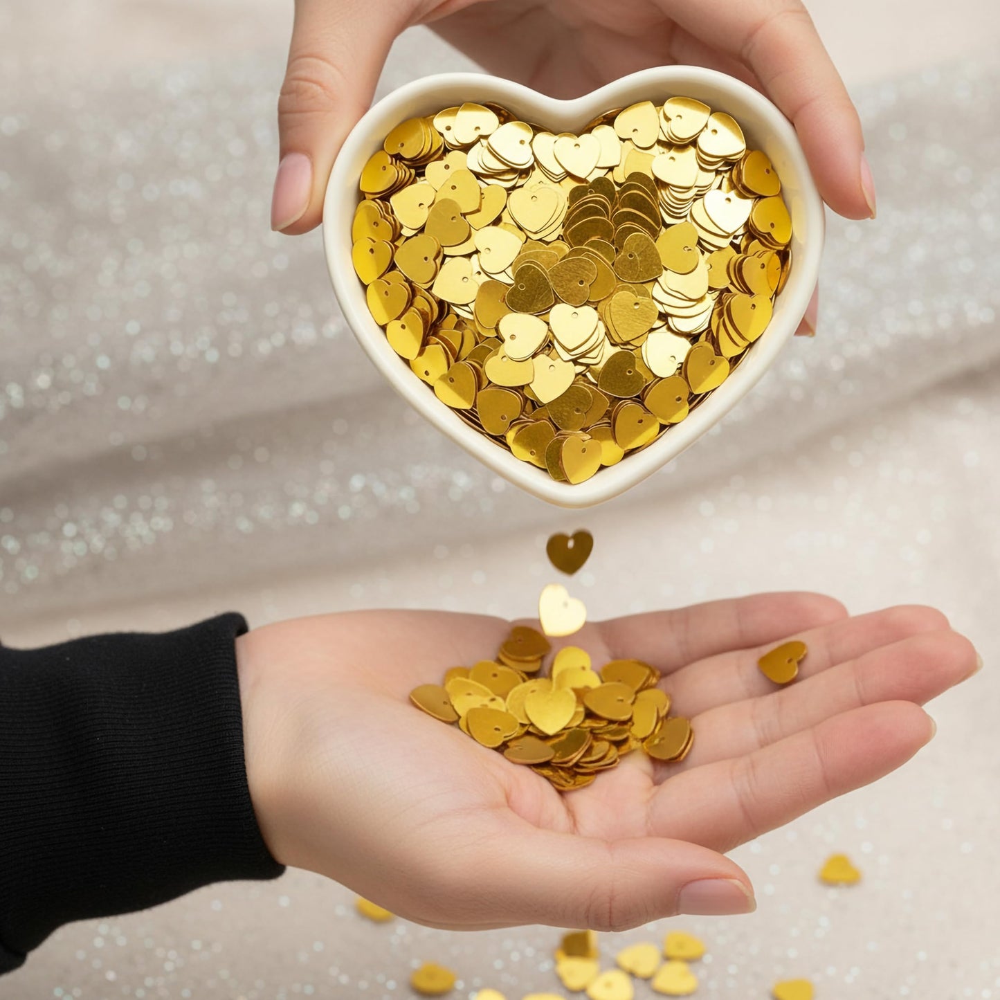 Use these 8mm gold heart chamki pieces to make boutique craft projects feel more finished.