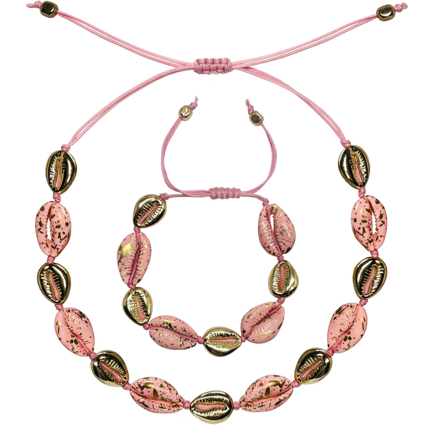 Pink cowrie shell necklace and bracelet set adjustable trendy boho jewellery for women