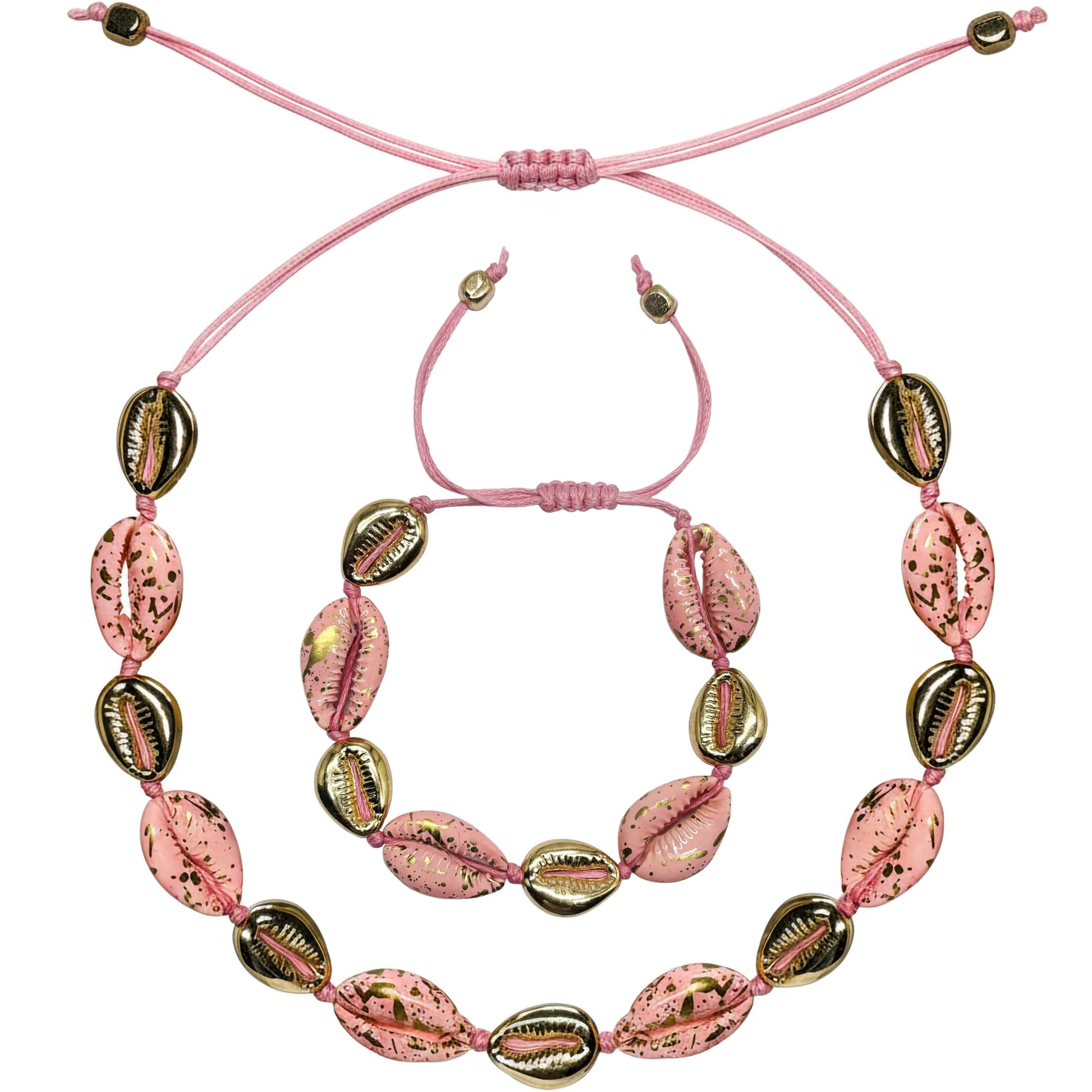 Pink cowrie shell necklace and bracelet set adjustable trendy boho jewellery for women
