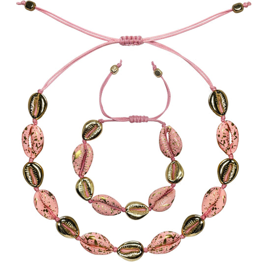 Pink cowrie shell necklace and bracelet set adjustable trendy boho jewellery for women