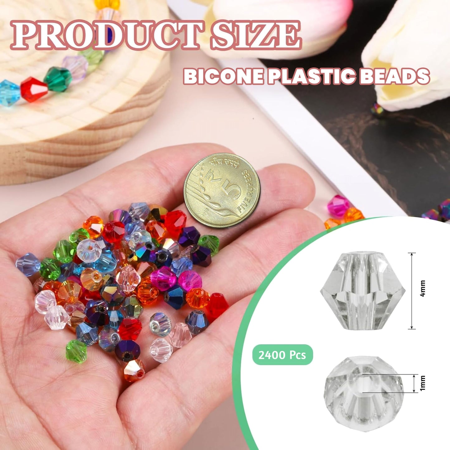 Bicone Acrylic Plastic Crystal-like Beads. Close-up image showing color, shape, finish, and texture details.
