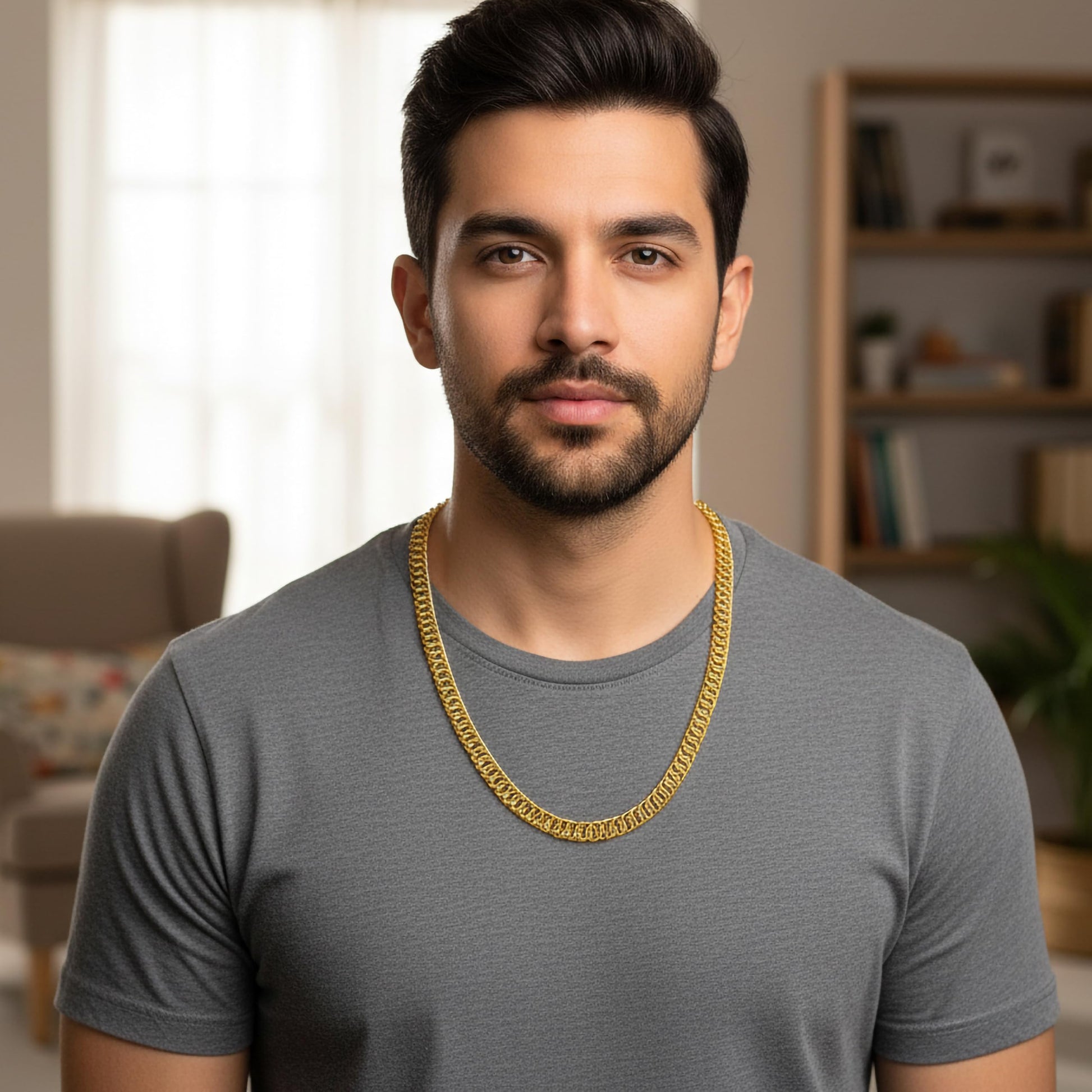 These gold tone linked woven neck chains bring clean metal detail to men's jewelry styling and boys necklace looks.