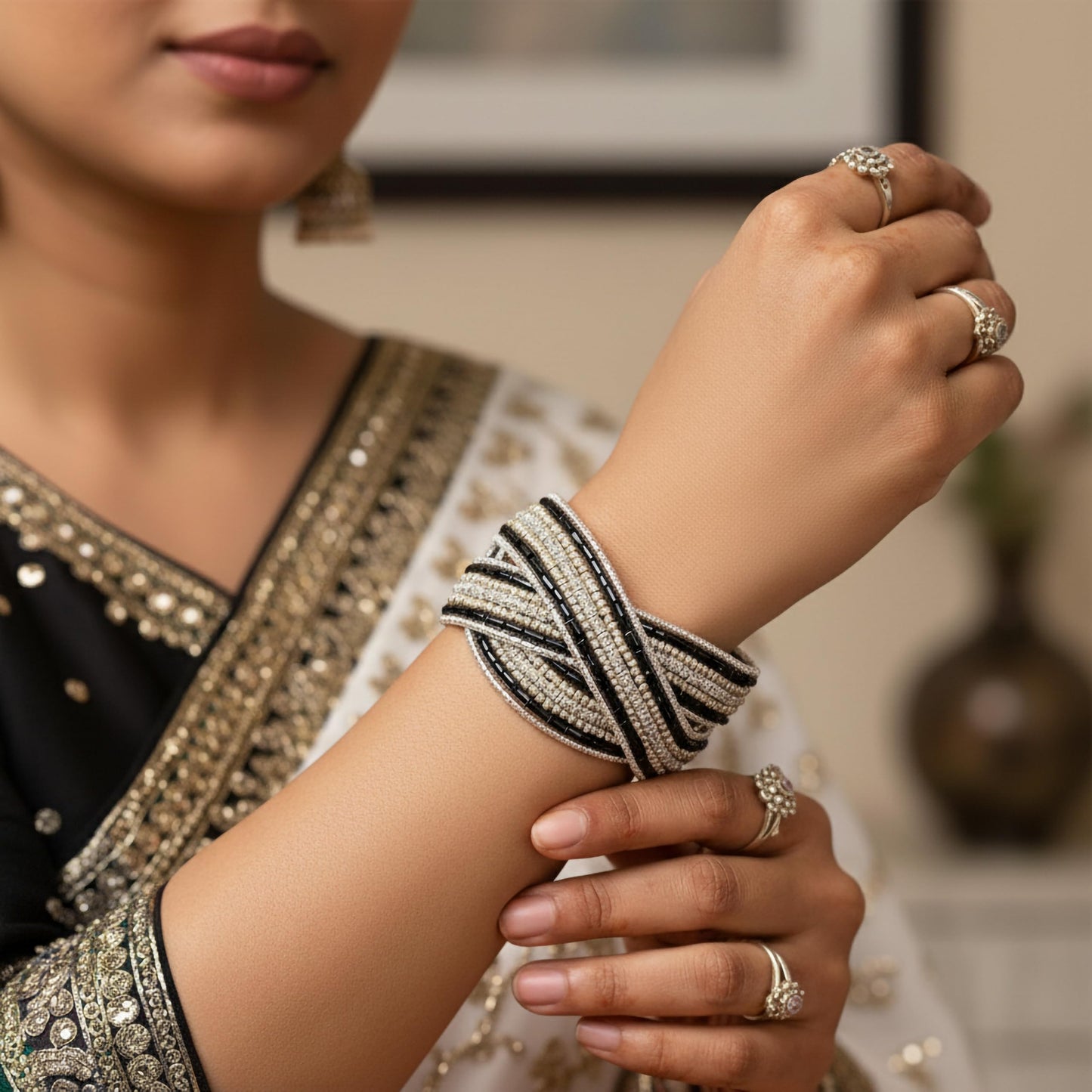 Elegant black statement cuff bracelet ethnic modern fashion