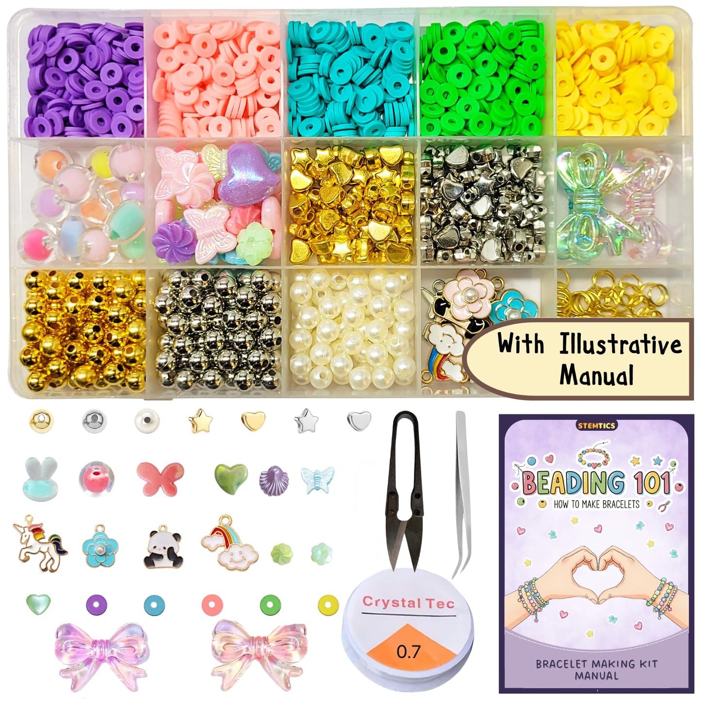 Multicolor Bracelet Making Kit for Girls Age 8-12 Years Old with Acrylic. Main product image showing the complete bracelet making kit with beads and charms.