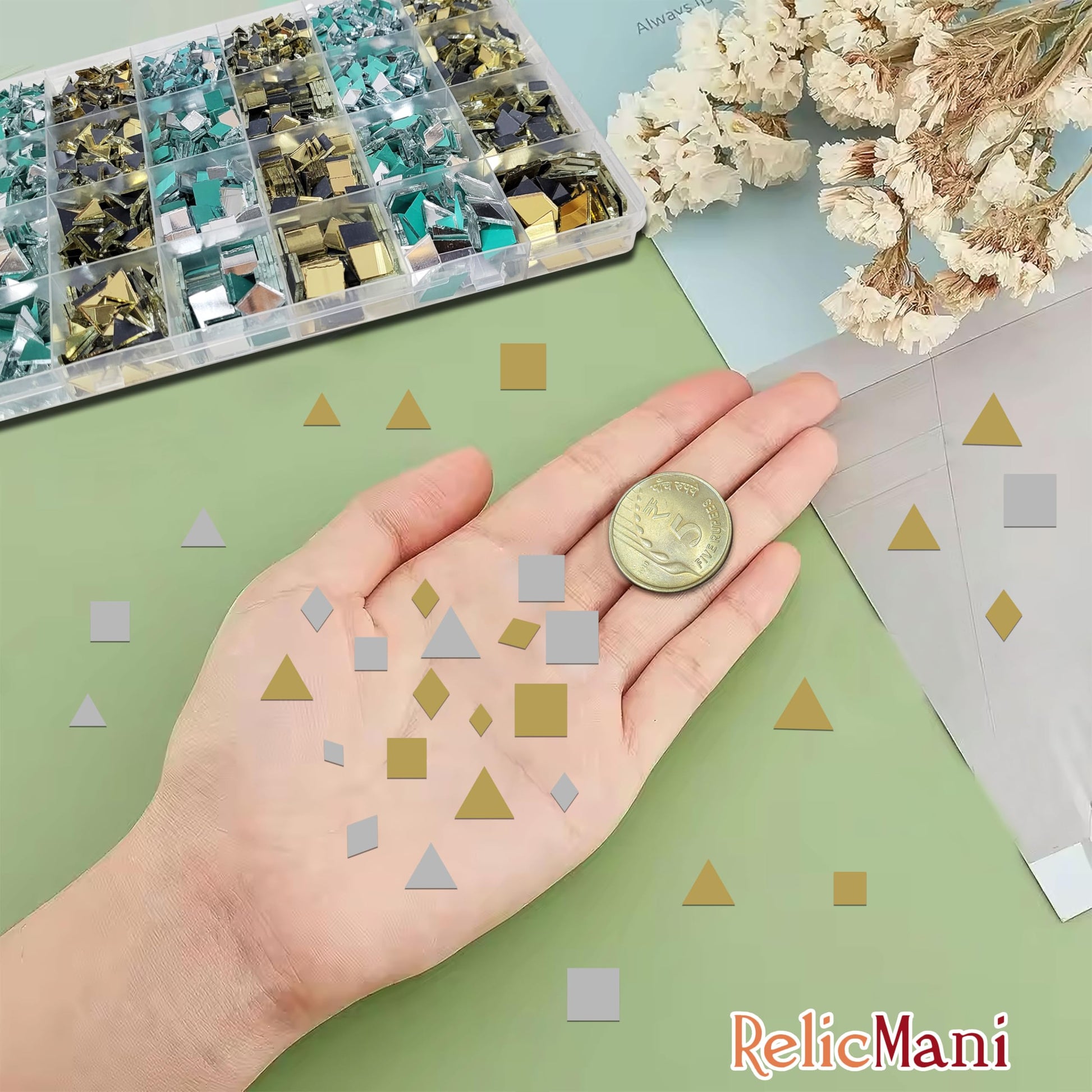 Use gold and silver glass and mirror Lippan art glass pieces for rangoli style decoration and Lippan art when the design needs a neat reflective finish with mirror.