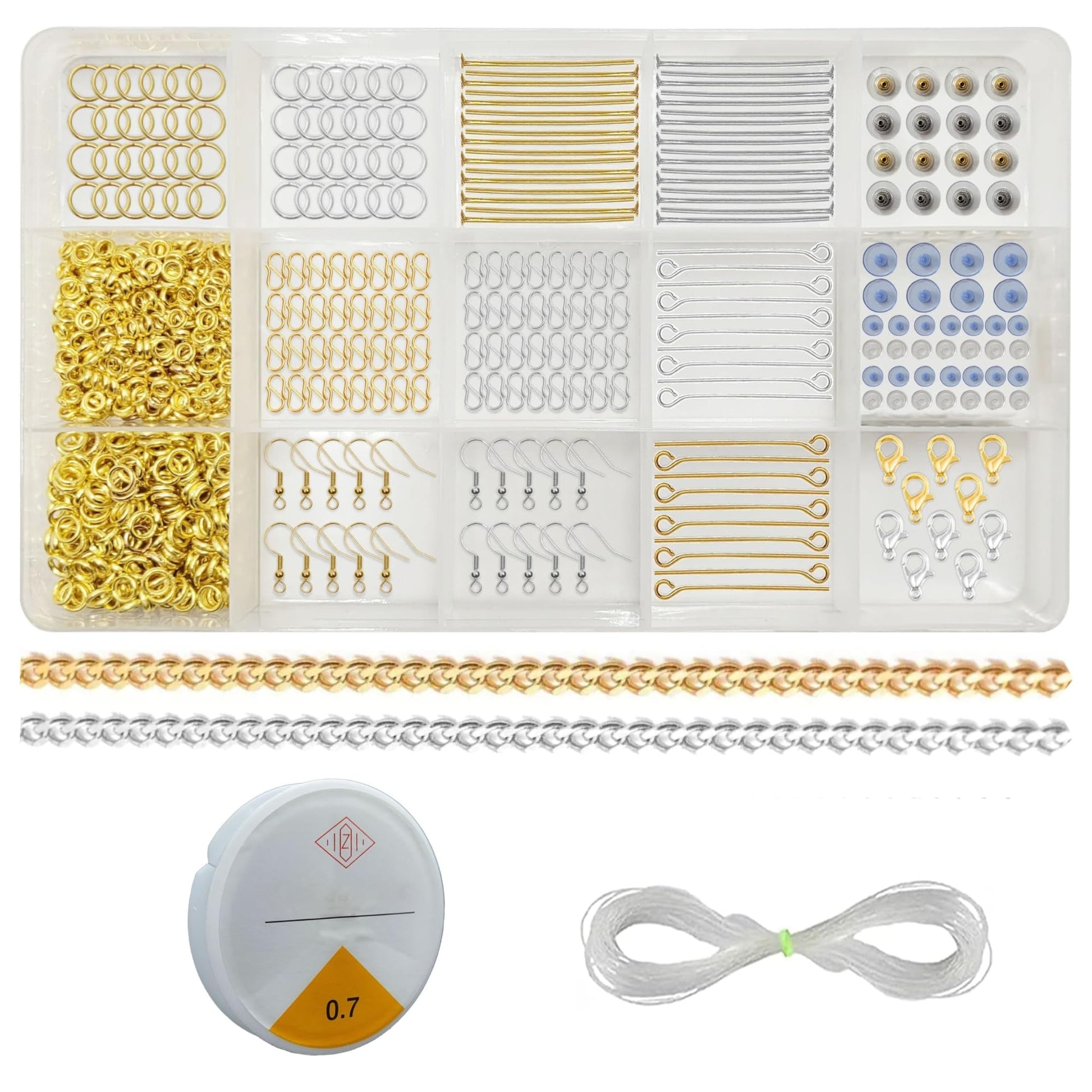 The clean decorative look of findings and gold metal and plastic jewellery making kit supports DIY jewellery making, bracelet making and craft classes.