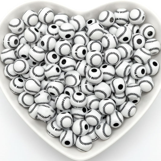 White baseball pattern round beads in heart shaped tray