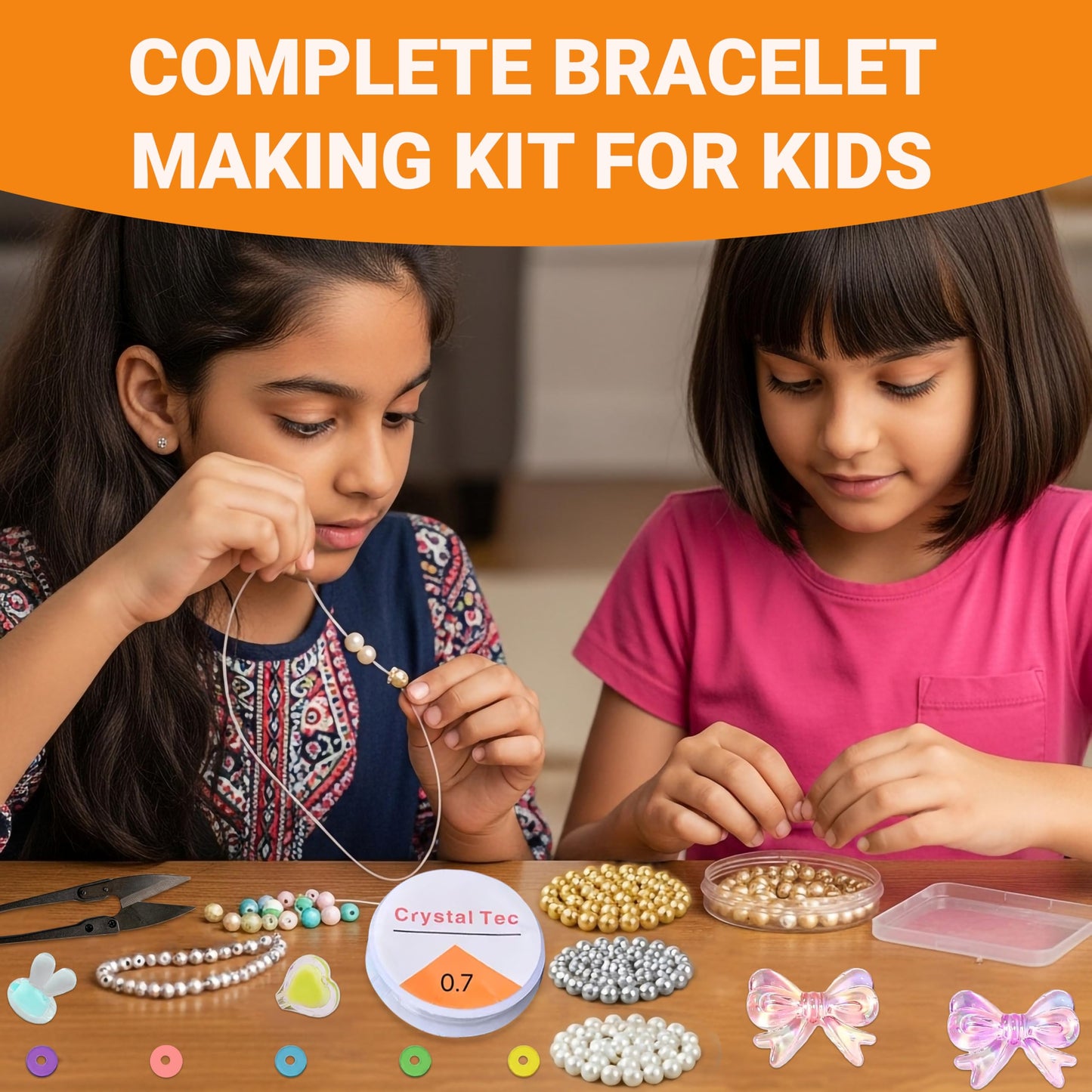 Multicolor Bracelet Making Kit for Girls Age 5-8 Years Old with Beads Acrylic. Close-up image showing color, shape, finish, and texture details.