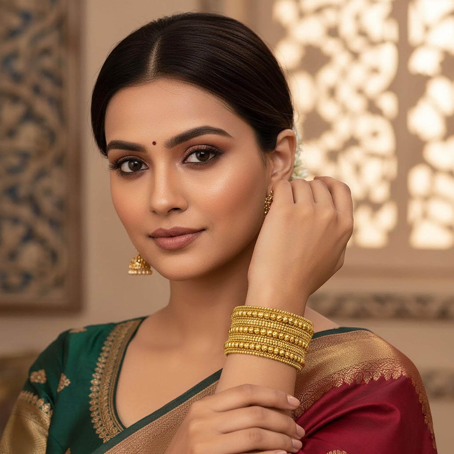 Gold Plated Cuff Bracelet for Women, Chunky Kada Bangle Set GOLDEN image 2