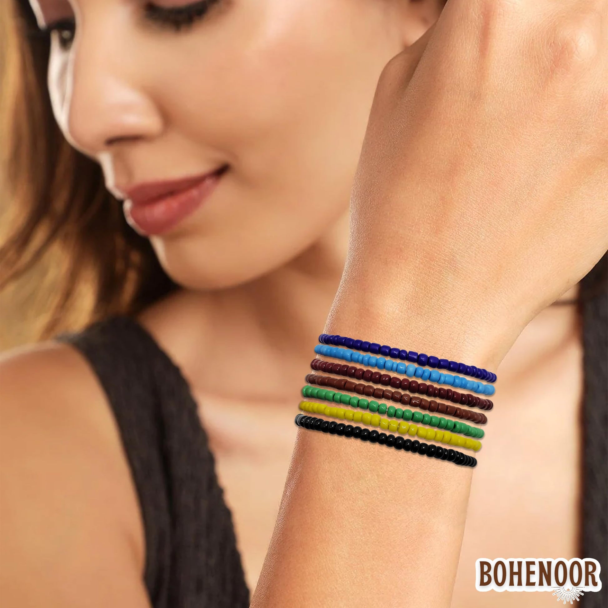 A balanced detail for casual accessory looks and everyday styling, multicolour glass and elastic bracelet offers projects a neat stylish finish with charm detail.