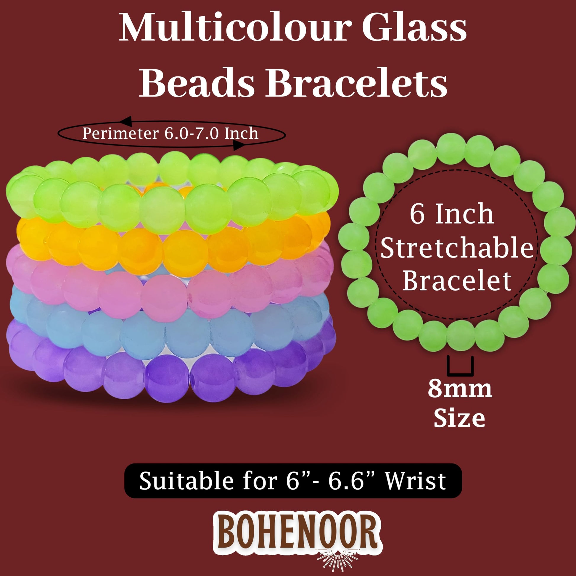 For neat results in casual accessory looks, multicolour glass and elastic bracelet is a useful detail.