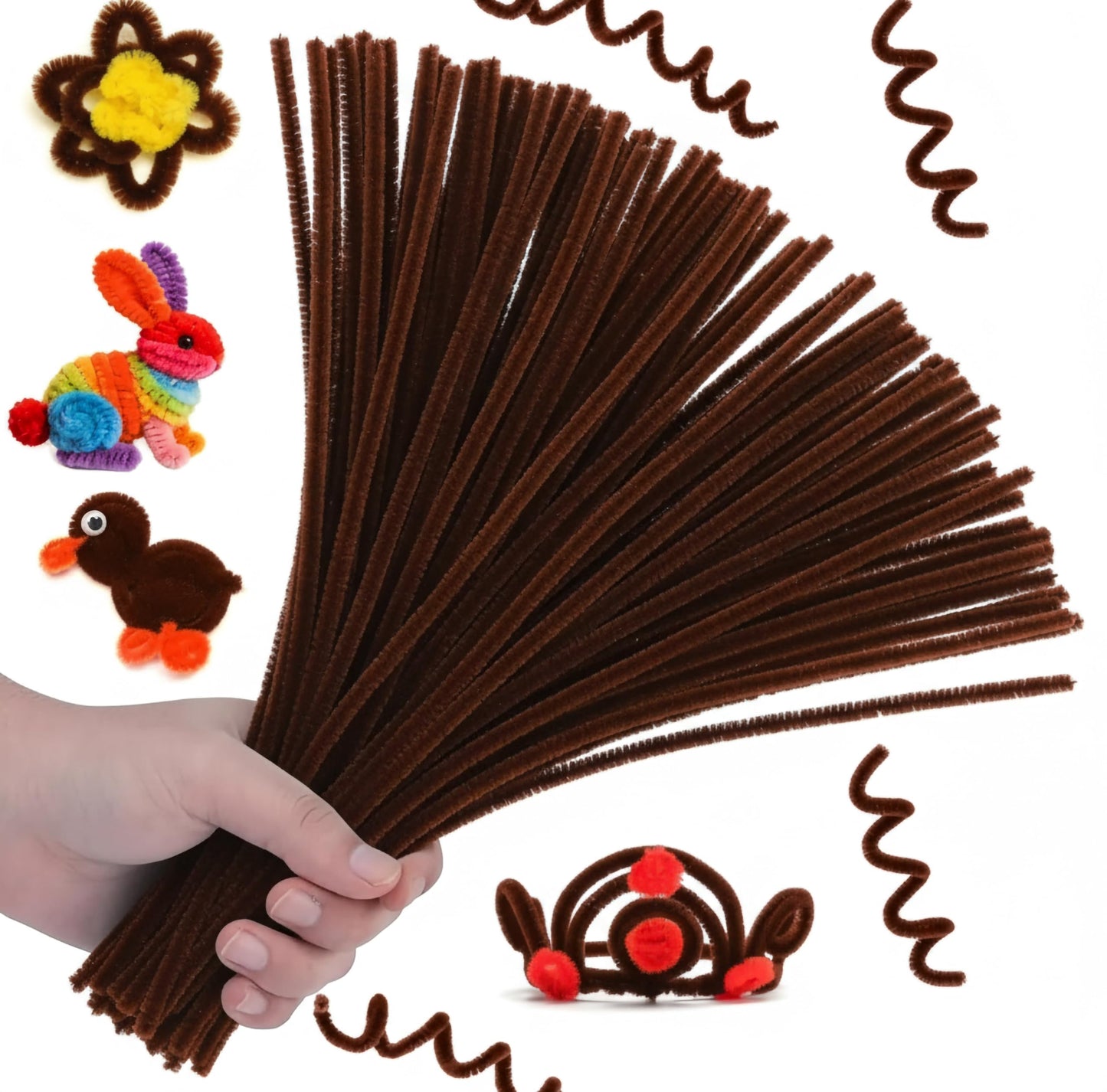 Fuzzy dark brown kids art wires add playful craft detail to kids creative projects and flower making.