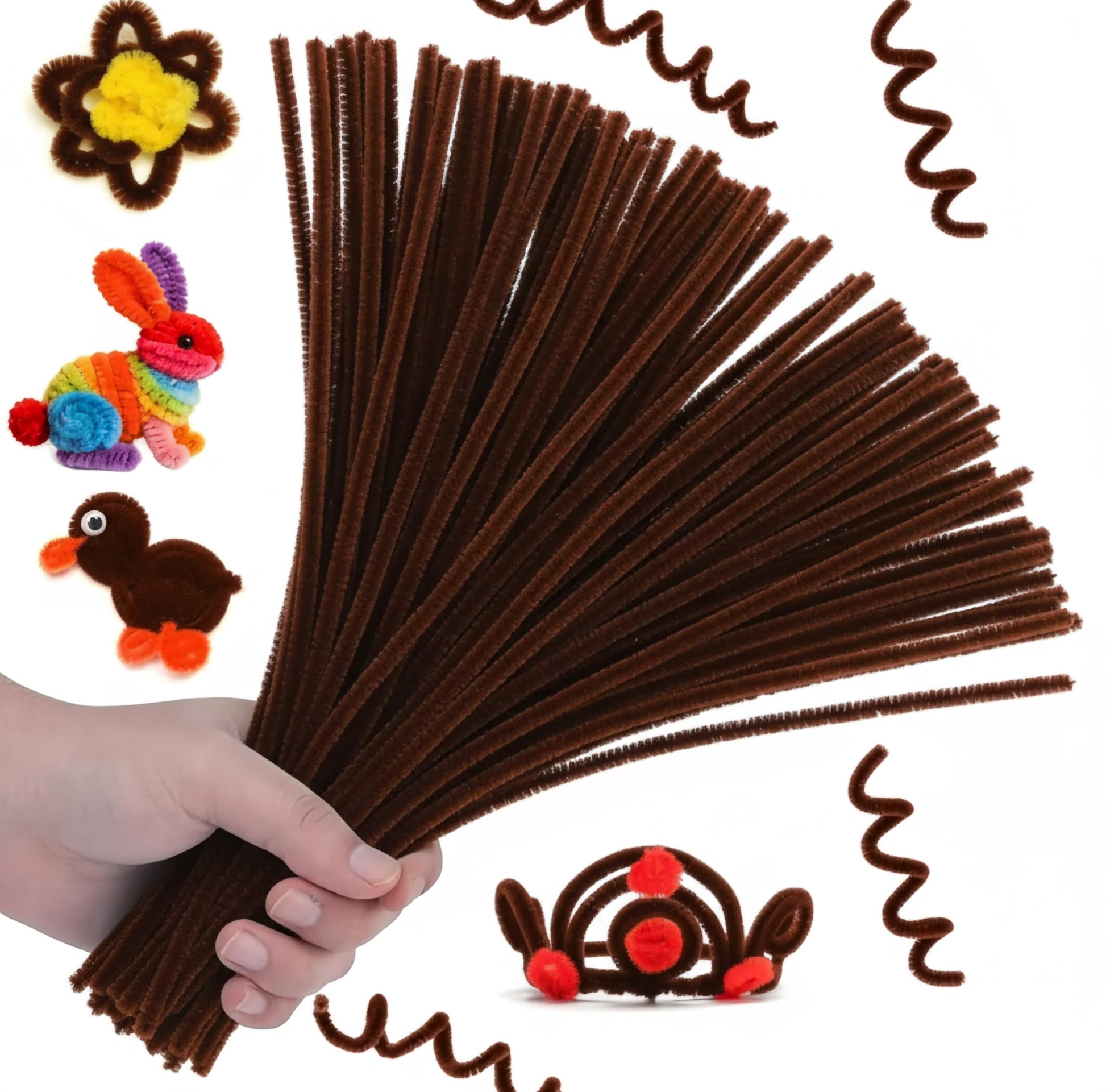 Fuzzy dark brown kids art wires add playful craft detail to kids creative projects and flower making.