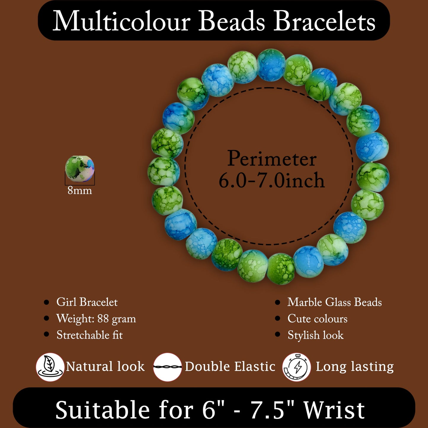 Gift a cheerful handmade accessory with a green and blue marble beaded bracelet for casual outfits.