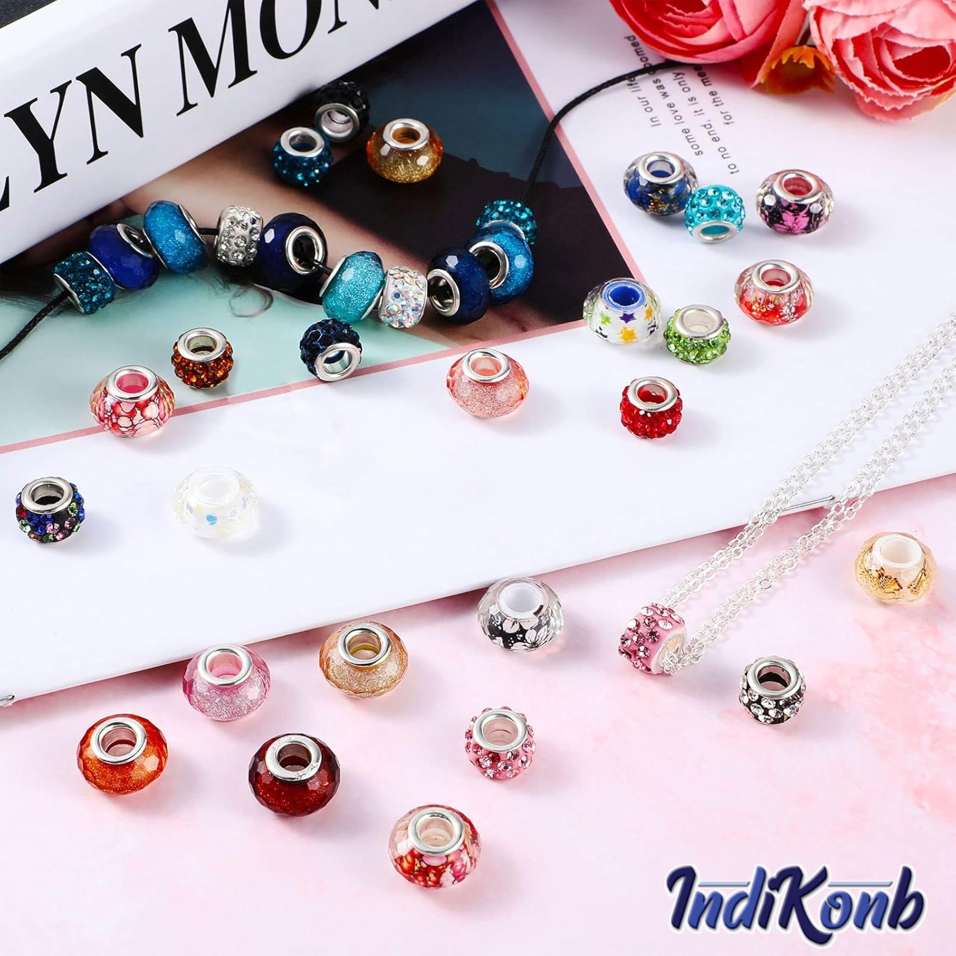Multicolor European Craft Beads with Chain Cord Acrylic. Assorted layout image showing beads organized for bracelet and DIY projects.