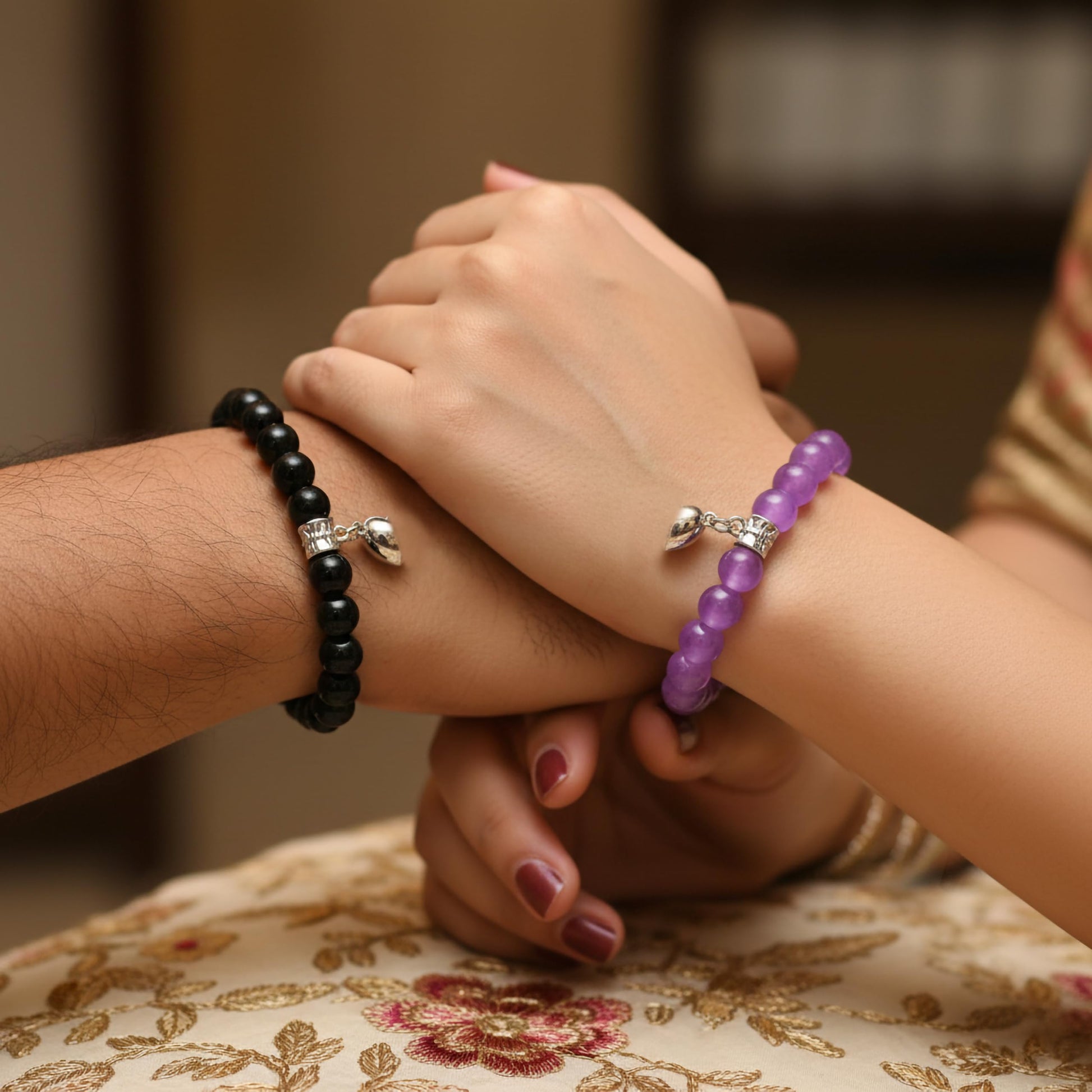 Add meaningful charm detail to everyday outfits with black and purple 1-pair matching bracelet bands.