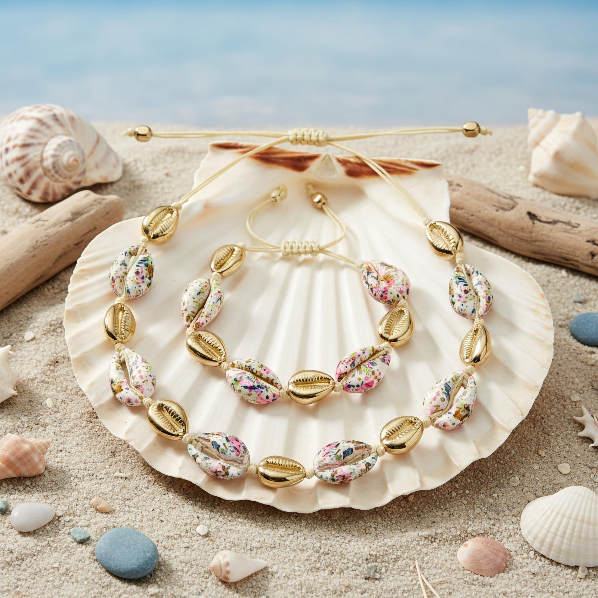 Trendy beach shell necklace and bracelet set for girls lightweight boho jewellery