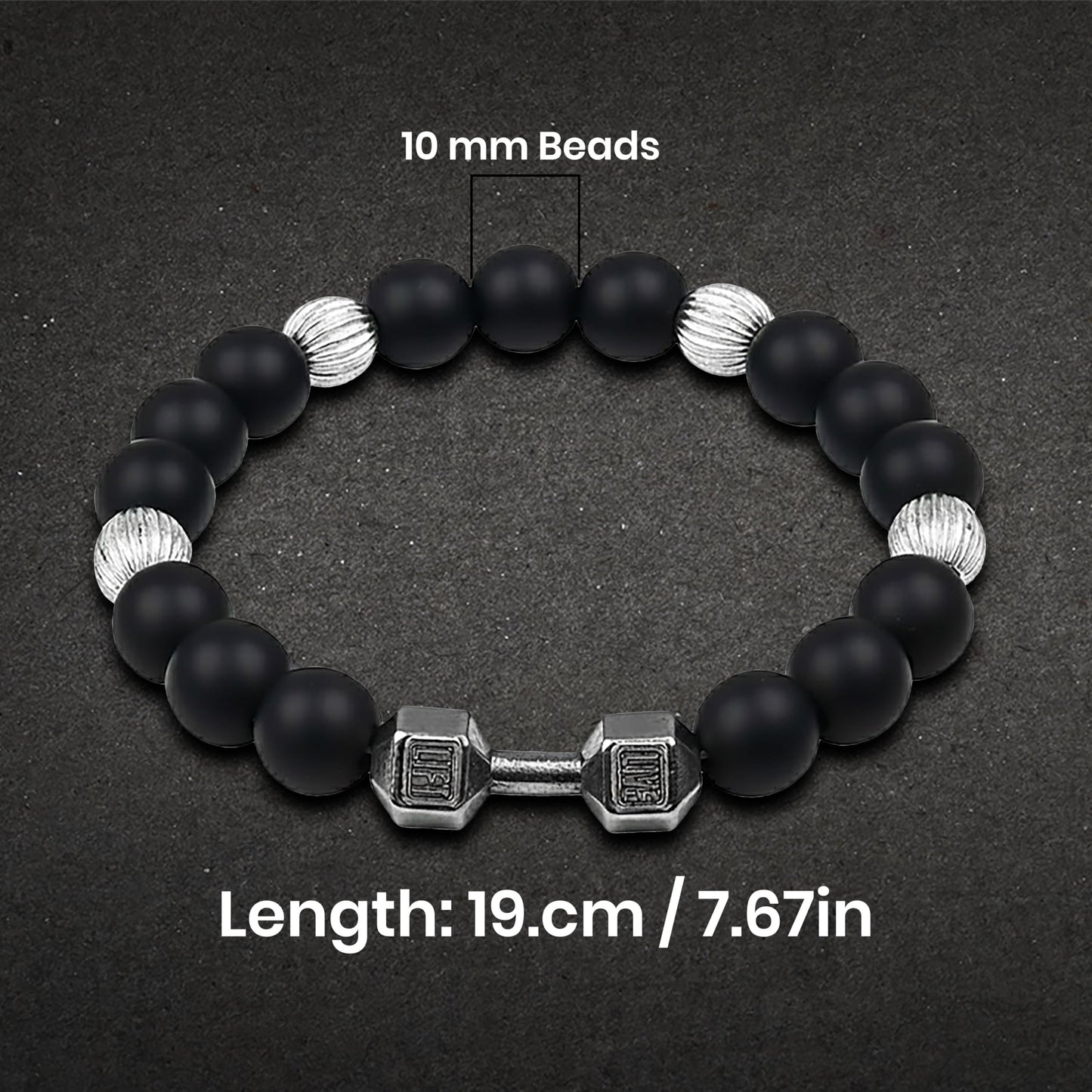 Black Gym Bracelet for Men with Silver Accents, Dumbbell Black and Silver image 6