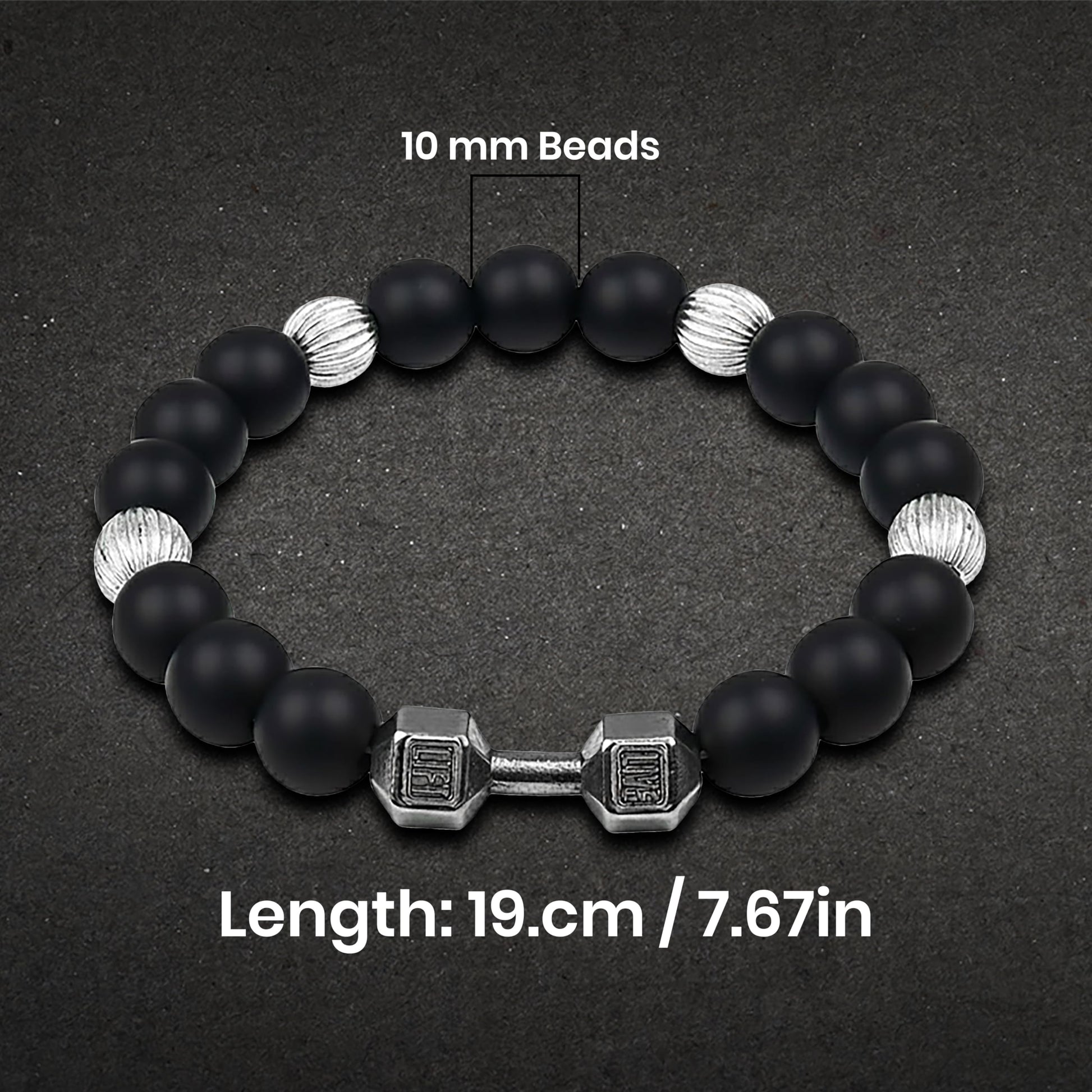 Black Gym Bracelet for Men with Silver Accents, Dumbbell Black and Silver image 6