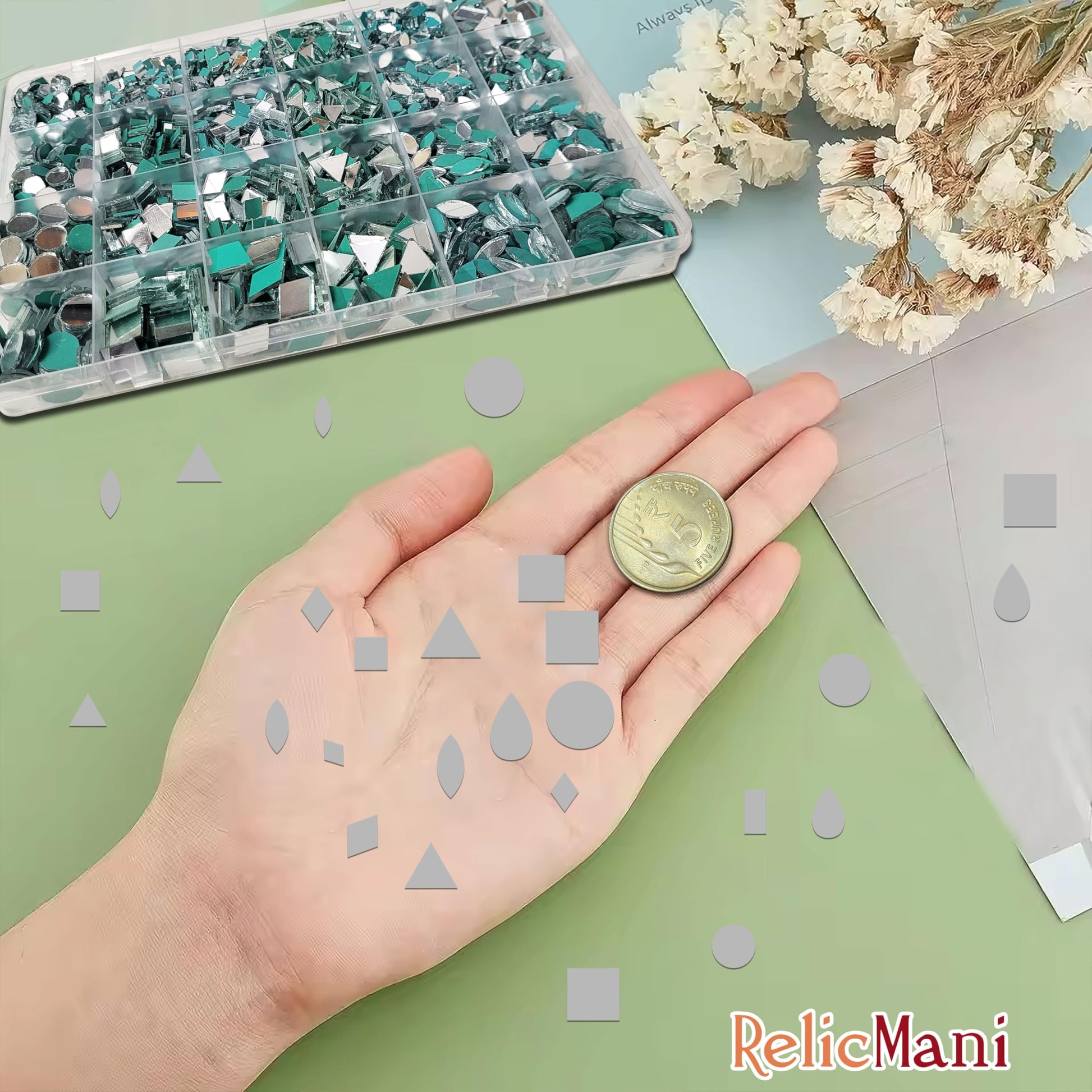 For polished results in wall décor, rangoli style decoration and Lippan art, silver glass and mirror Lippan art glass pieces help complete the design.