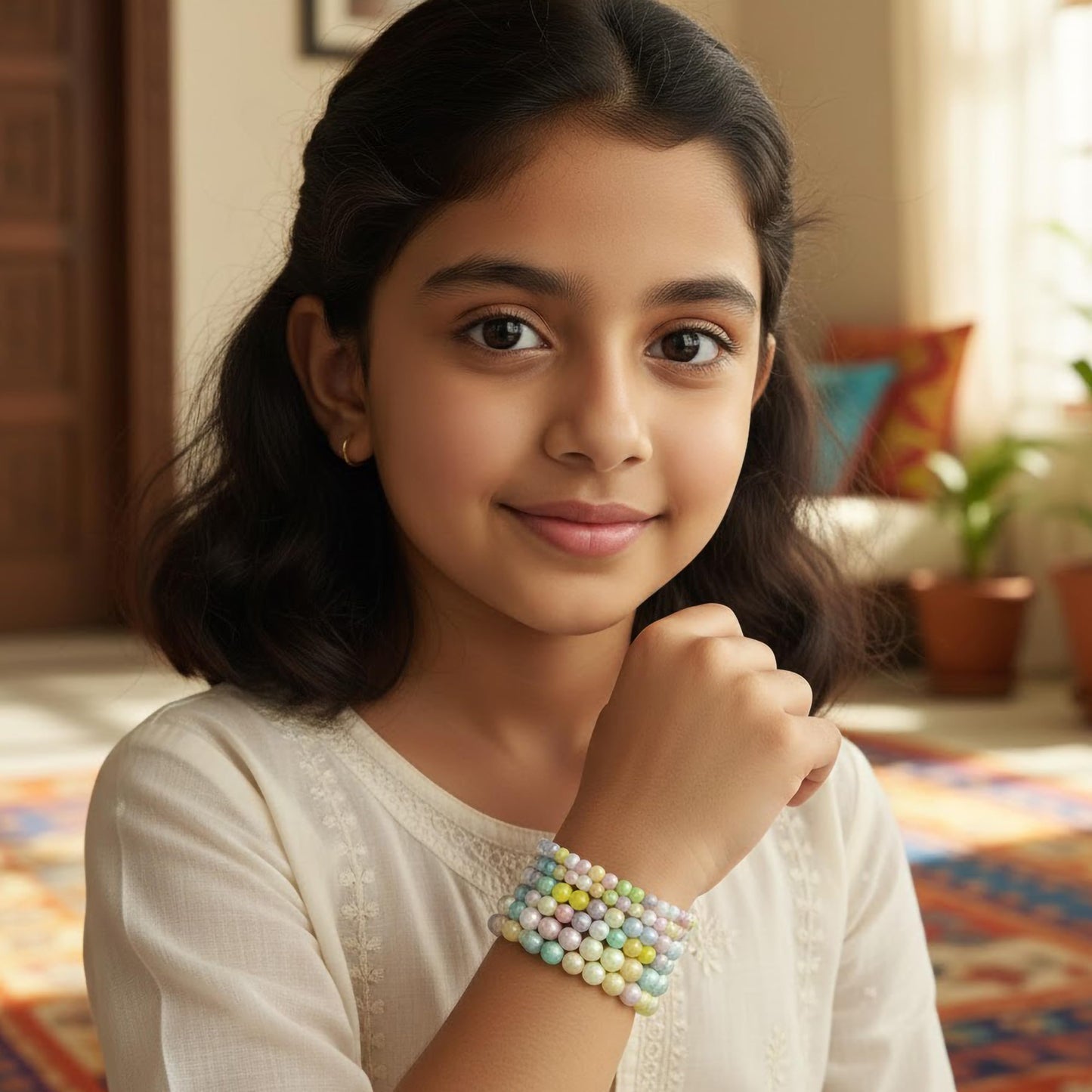 Pastel Rainbow Beaded Bracelet Combo for Girls, Elastic Set Of 6 image 2