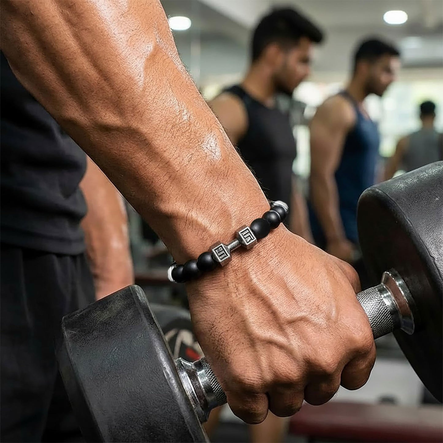 Black Gym Bracelet for Men with Silver Accents, Dumbbell Black and Silver image 5