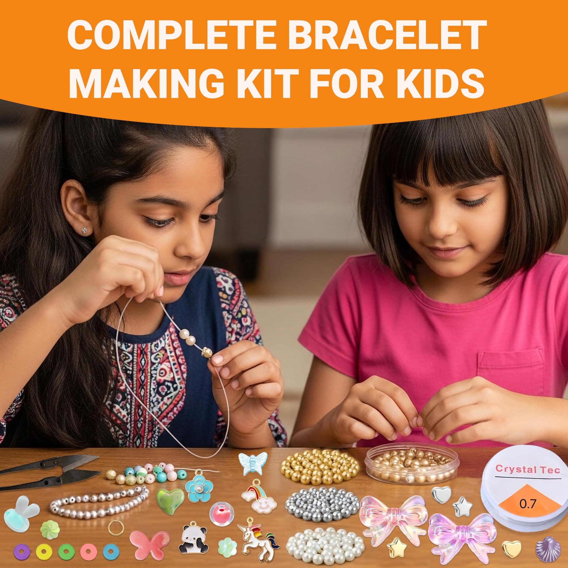 Multicolor Bracelet Making Kit for Girls Age 8-12 Years Old with Acrylic. Close-up image showing bead variety, charms, and accessory details.