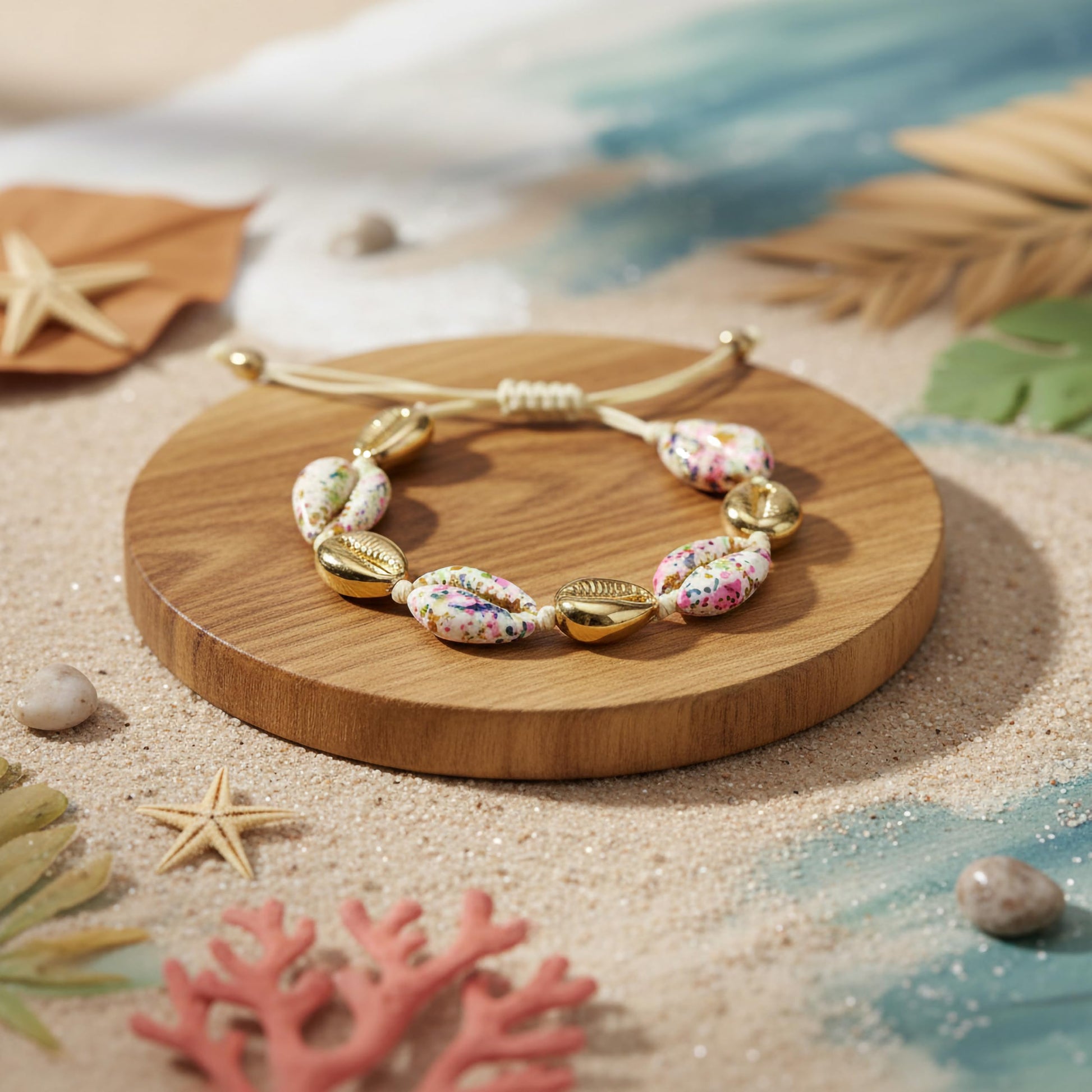 Boho style shell bracelet with colorful speckled and gold beads