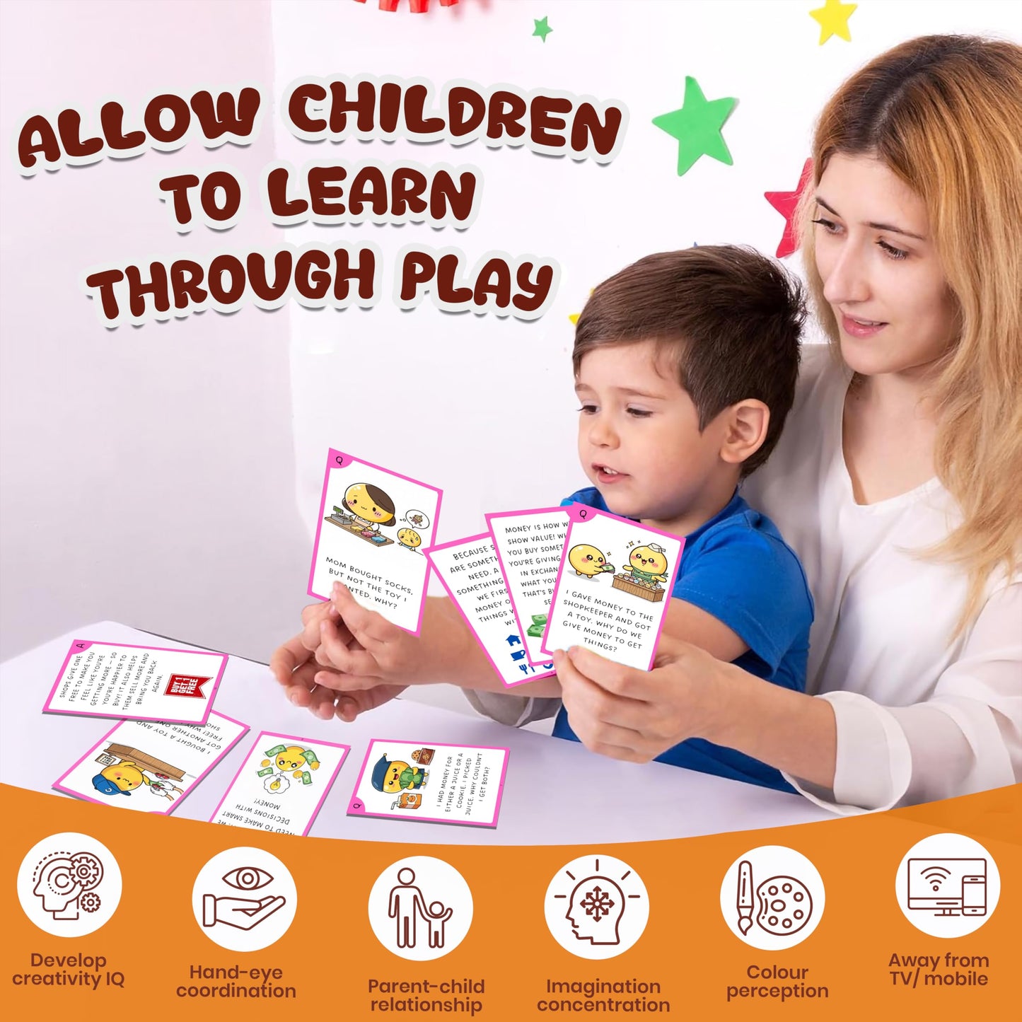 Multi-color Commerce Flash Cards for Kids Set Paper. Detailed image showing material, texture, and design.