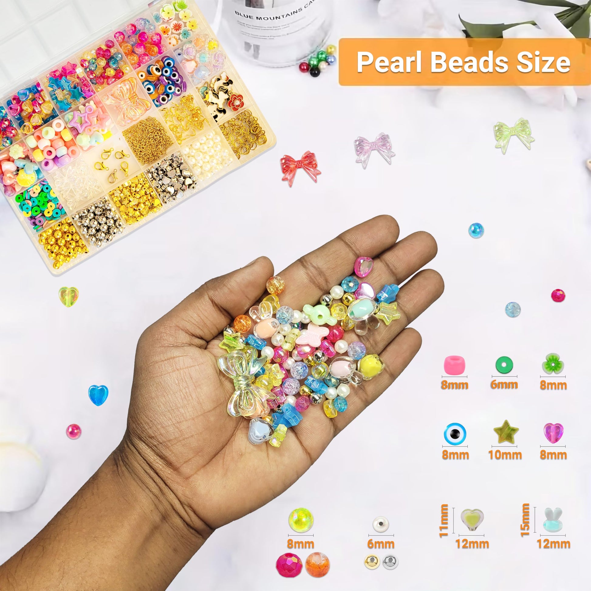 Multicolor Bracelet Making Kit for Girls Age 12-15 Years Old with Beads Acrylic. Assorted layout image showing beads organized for bracelet and DIY projects.