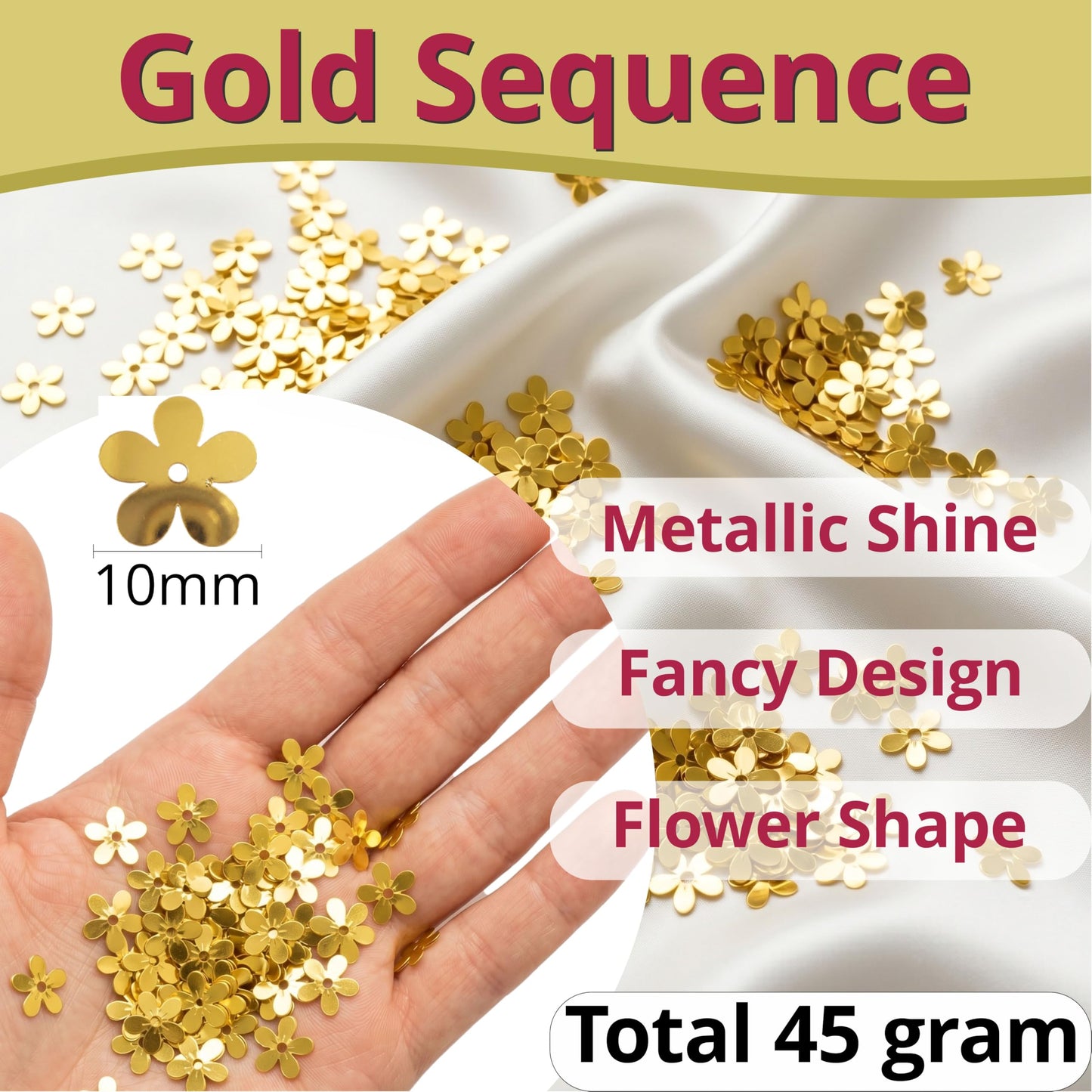 Let shiny gold flower embroidery sequins add embroidery sparkle to maggam work and dress decoration.
