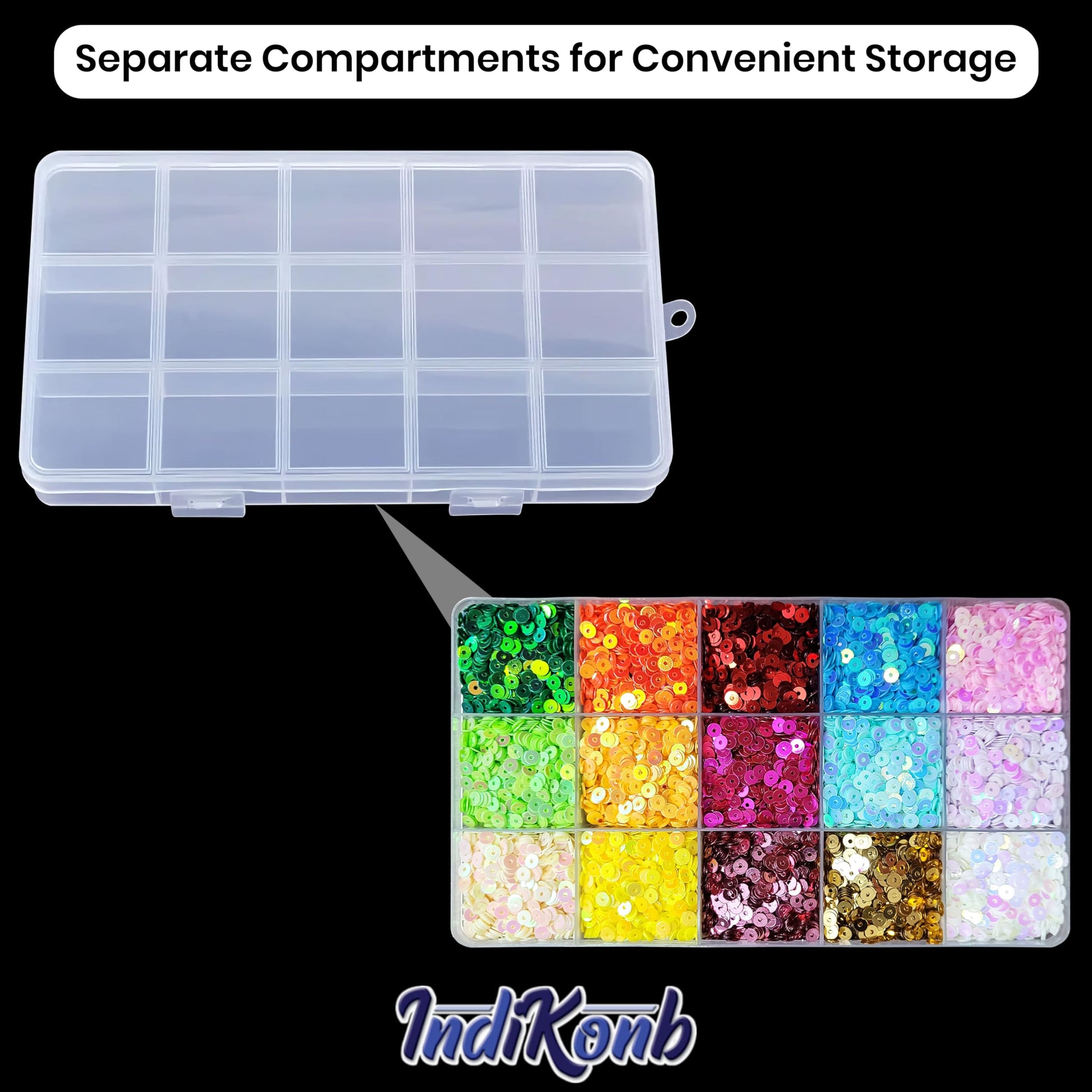 1015 Cells Transparent Plastic Organizer Box with Compartments. Packaging and contents image showing the full item set.
