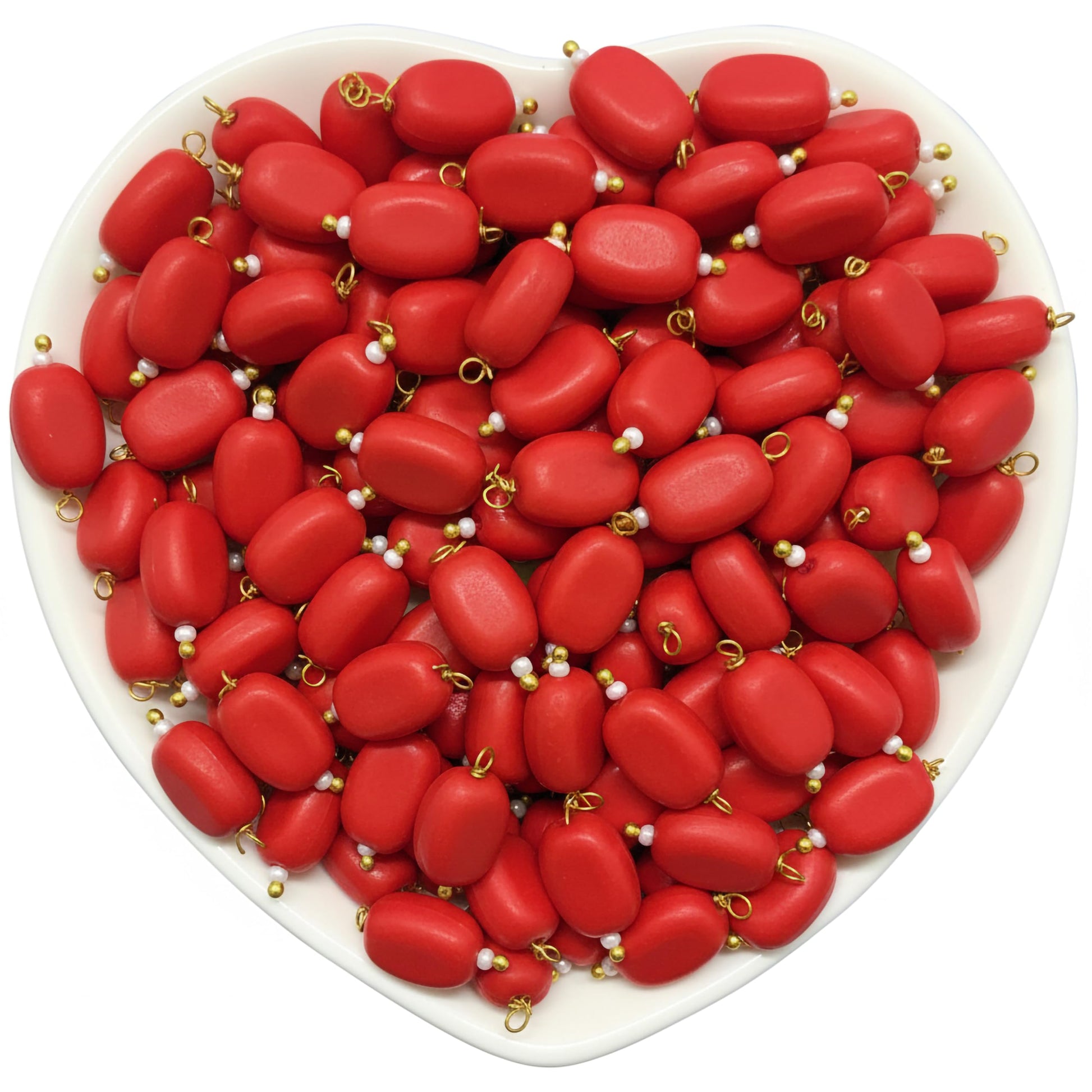Use 10x7mm red smooth traditional hanging beads to add clean detail to saree kuchu work and earring drops.