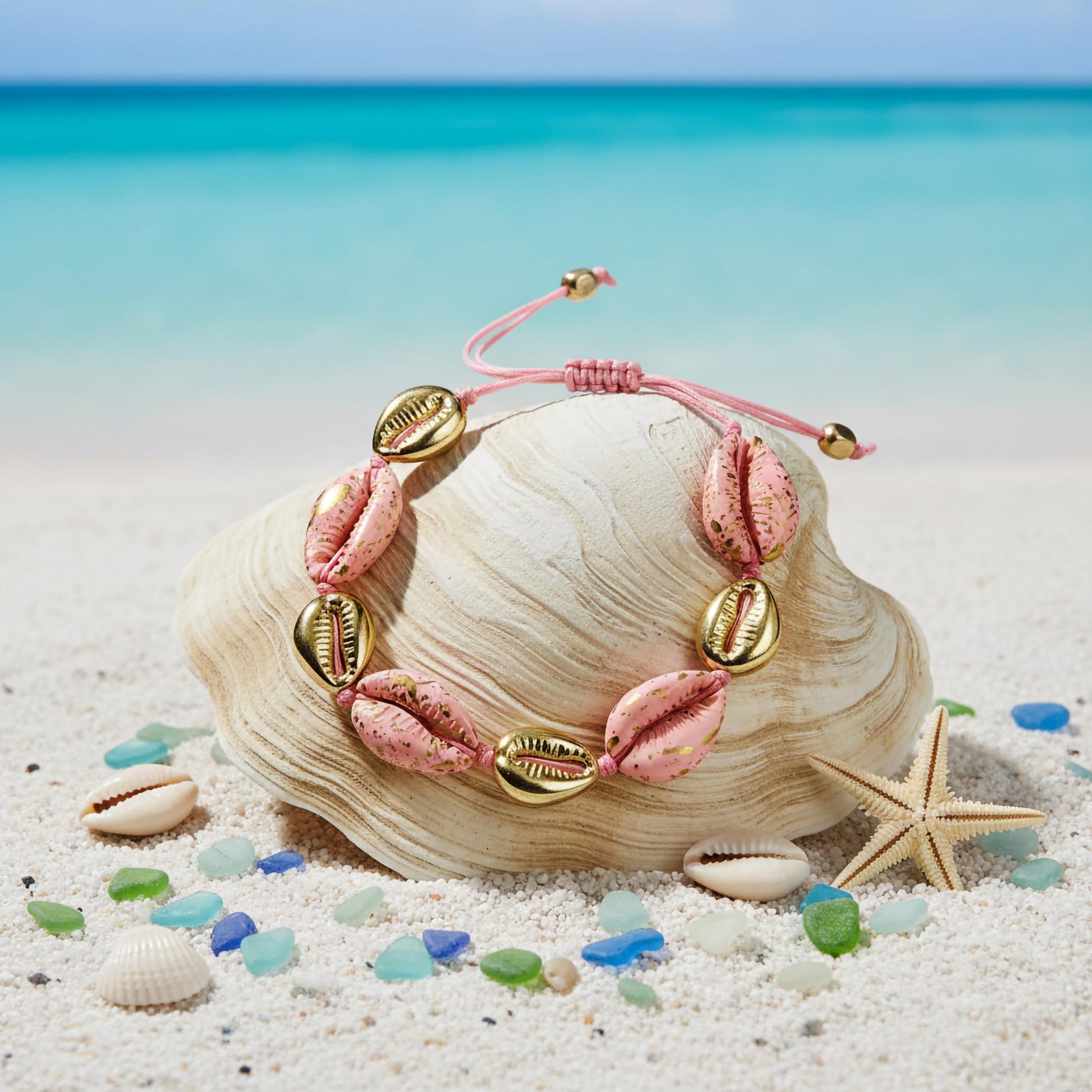 Handmade pink shell bracelet with adjustable cord closure