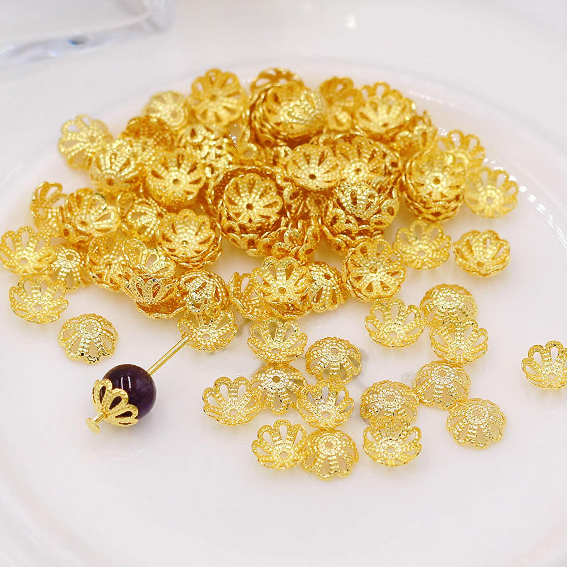 Golden Bead Caps for Jewellery Making, Assorted Metal Flower Gold combo image 3