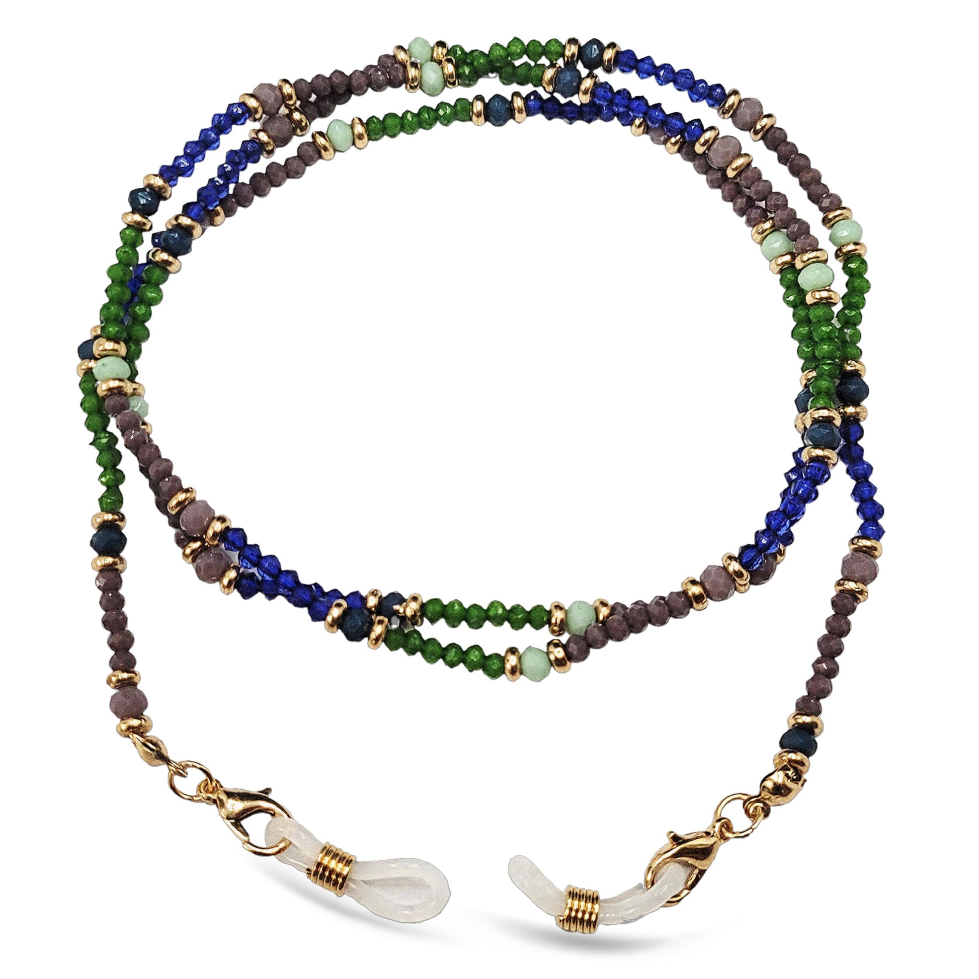 To add a decorative beaded finish, place multicolour glass eyewear strap into daily wear.