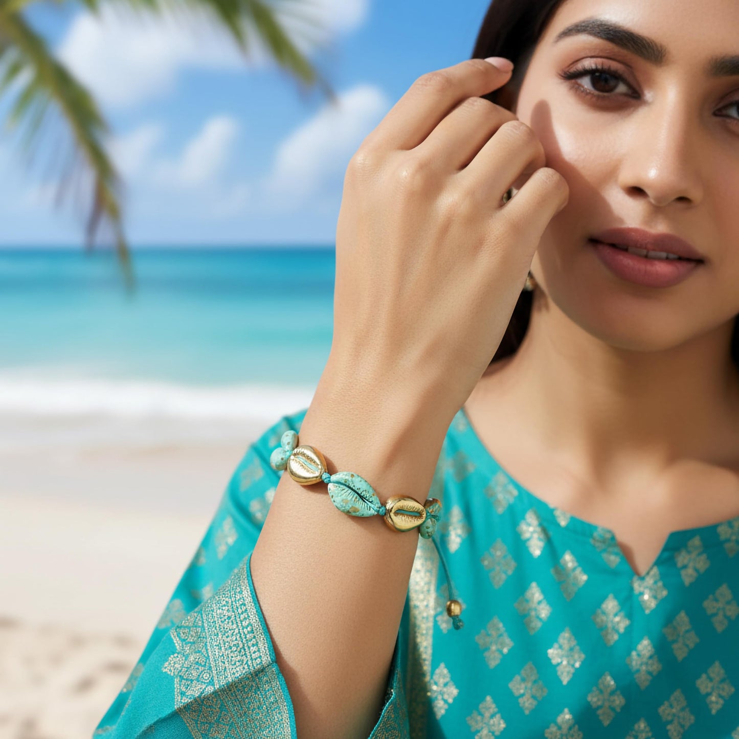 Adjustable turquoise cowrie shell bracelet with gold accents