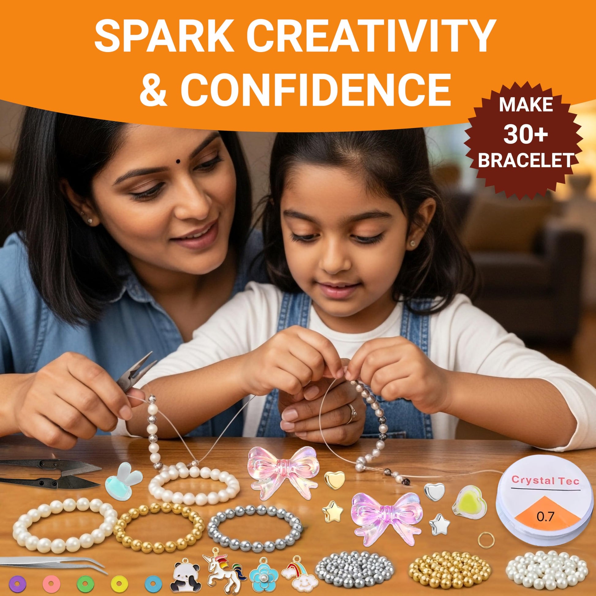Multicolor Bracelet Making Kit for Girls Age 8-12 Years Old with Acrylic. Packaging and contents image showing the full bracelet craft kit.