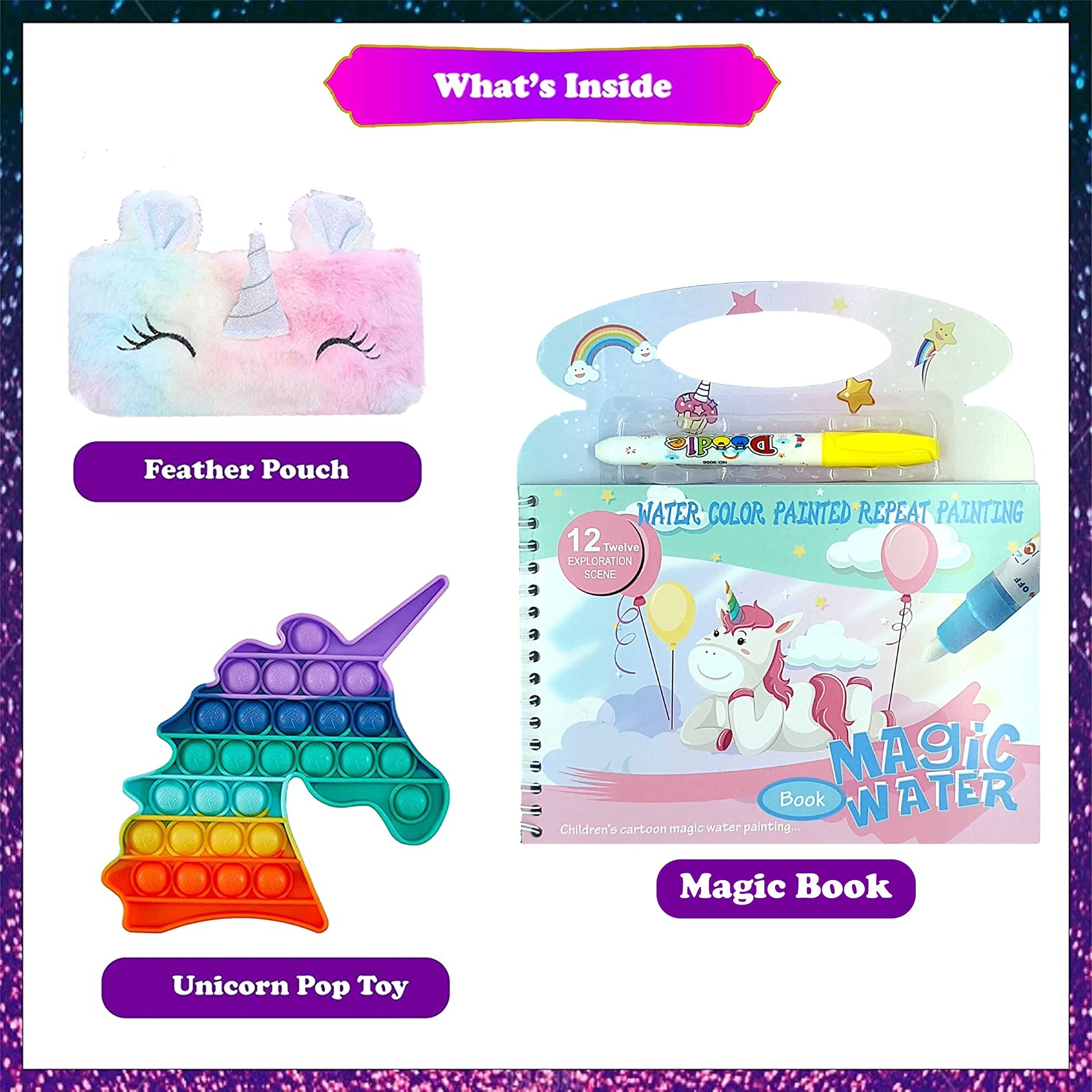 47 pc unicorn fidget toy set helps add a child friendly design, useful in travel entertainment and kids play to party gifting.