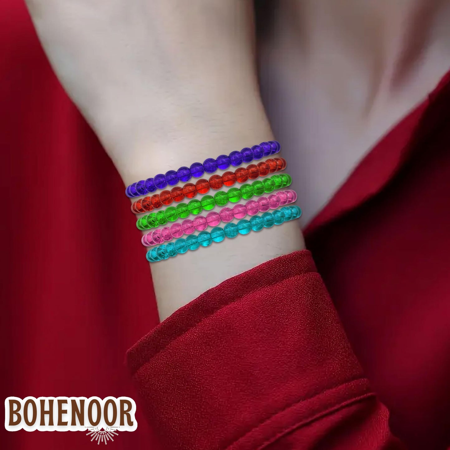 Neat decorative finish makes multicolour glass and elastic bracelet stand out in gifting.