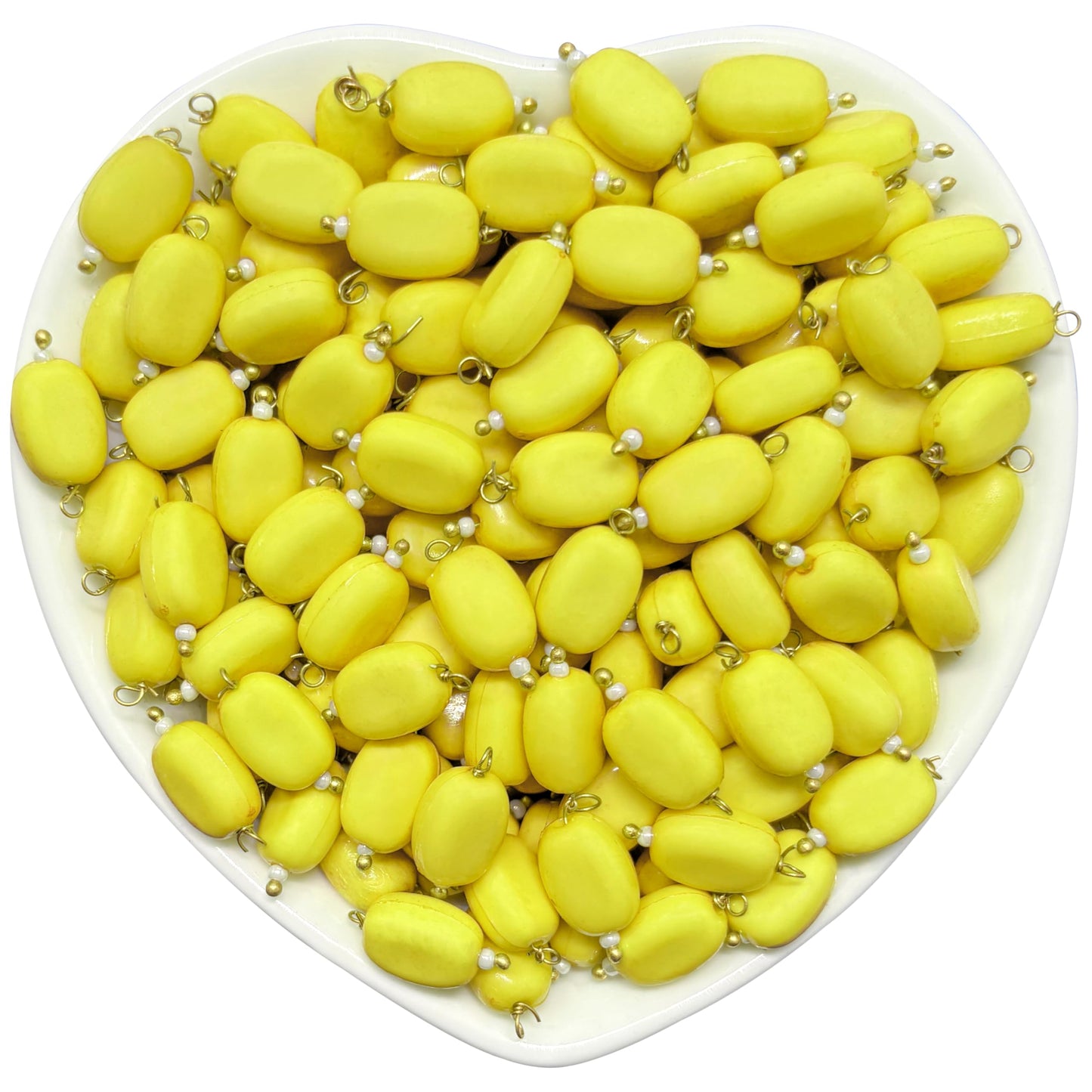 Bring neat handmade detail to earring drops and traditional jewelry projects through 10x7mm yellow glossy smooth oval hangings.