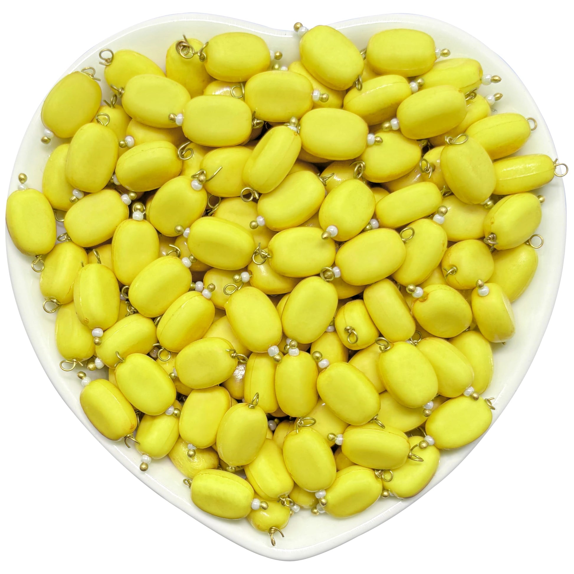 Bring neat handmade detail to earring drops and traditional jewelry projects through 10x7mm yellow glossy smooth oval hangings.