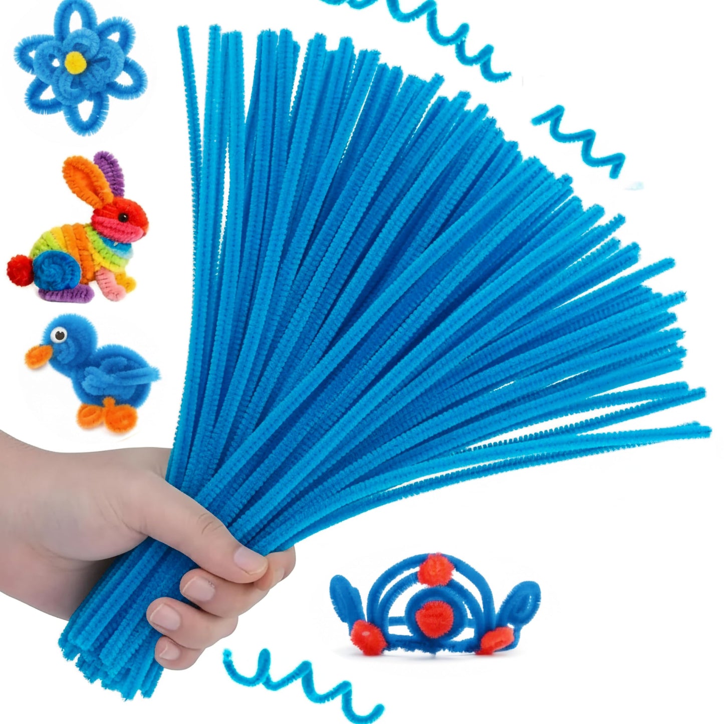 Use fuzzy blue chenille stems to add playful craft detail to kids creative projects and flower making.