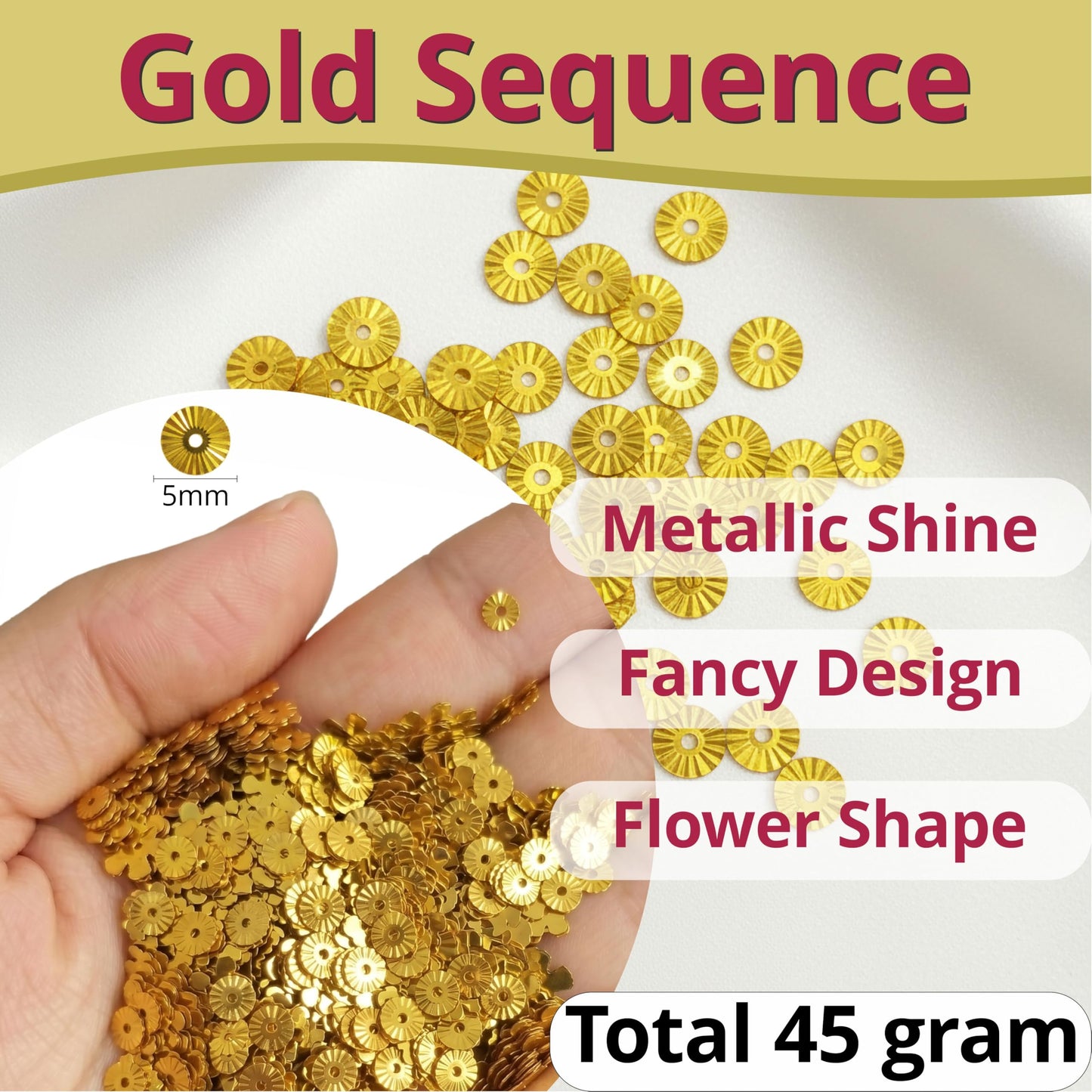 Create detailed maggam work and dress decoration using metallic gold flower embroidery sequins.