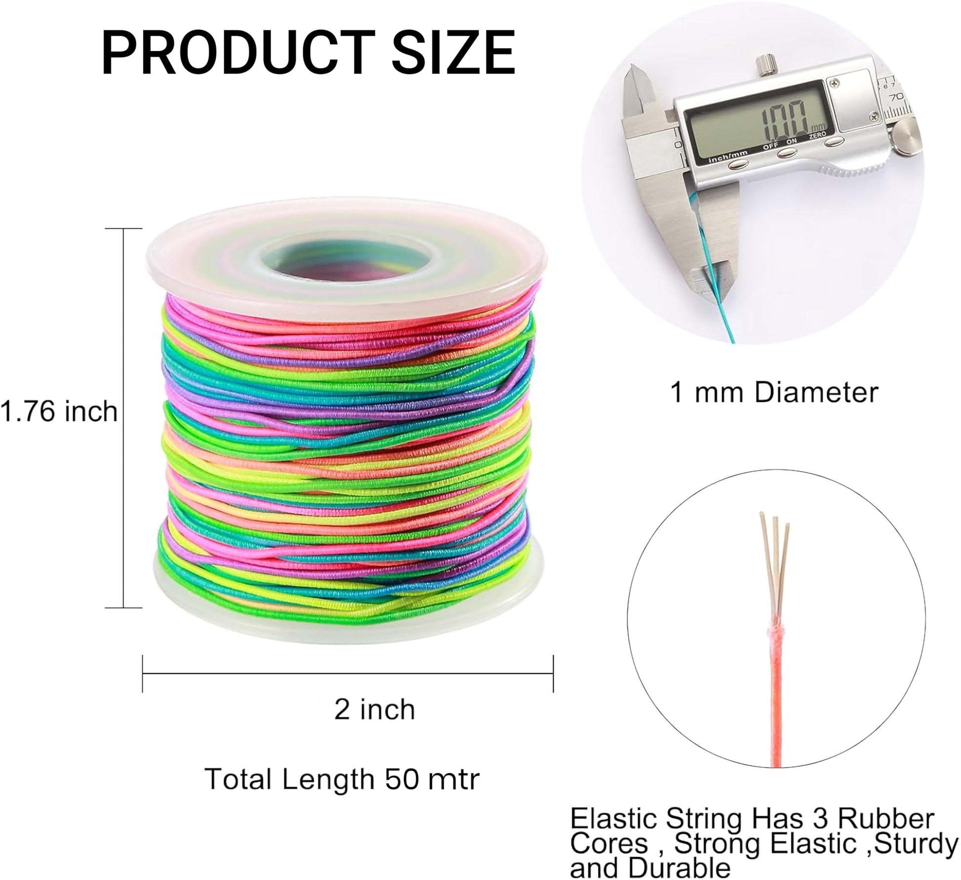 Multicolor Rainbow Elastic String Roll Nylon. Close-up image showing product details and finish.