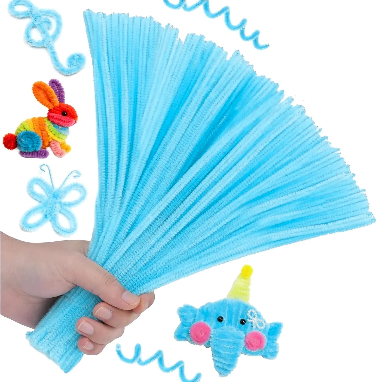 Sky blue chenille stems add bendable craft shape to DIY decoration and kids creative projects.