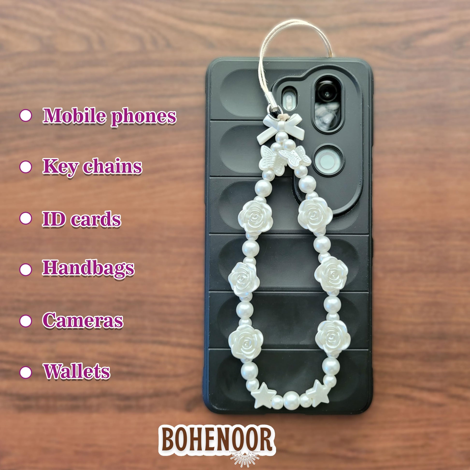 White Cell Phone Mobile Strap with Crystal Beads. Packaging and contents image showing the full set for craft use.