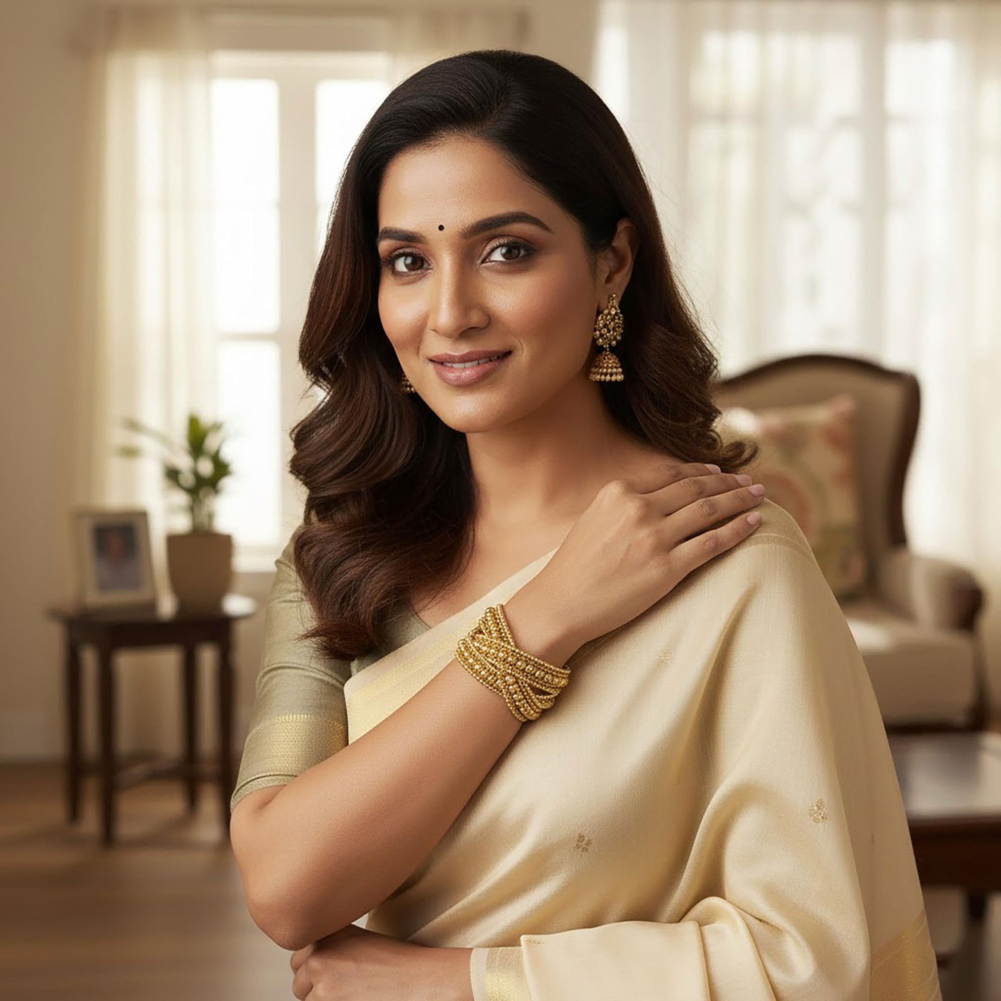 Gold Plated Cuff Bracelet for Women, Kada, Multilayer Chunky image 2