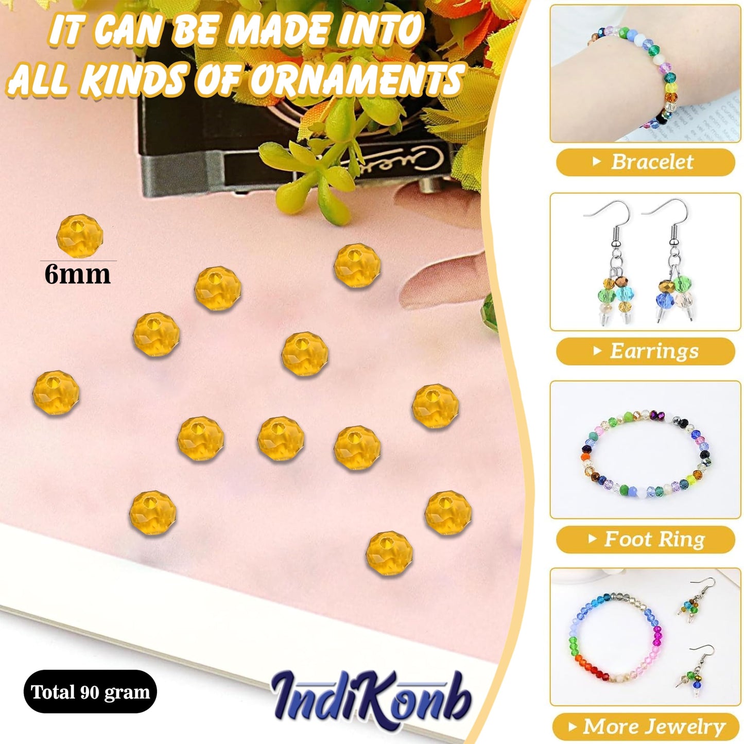 The look of yellow and transparent 6mm and 90 grams beads suits necklace making and DIY jewellery projects, especially for handmade beadwork accent to handmade projects.