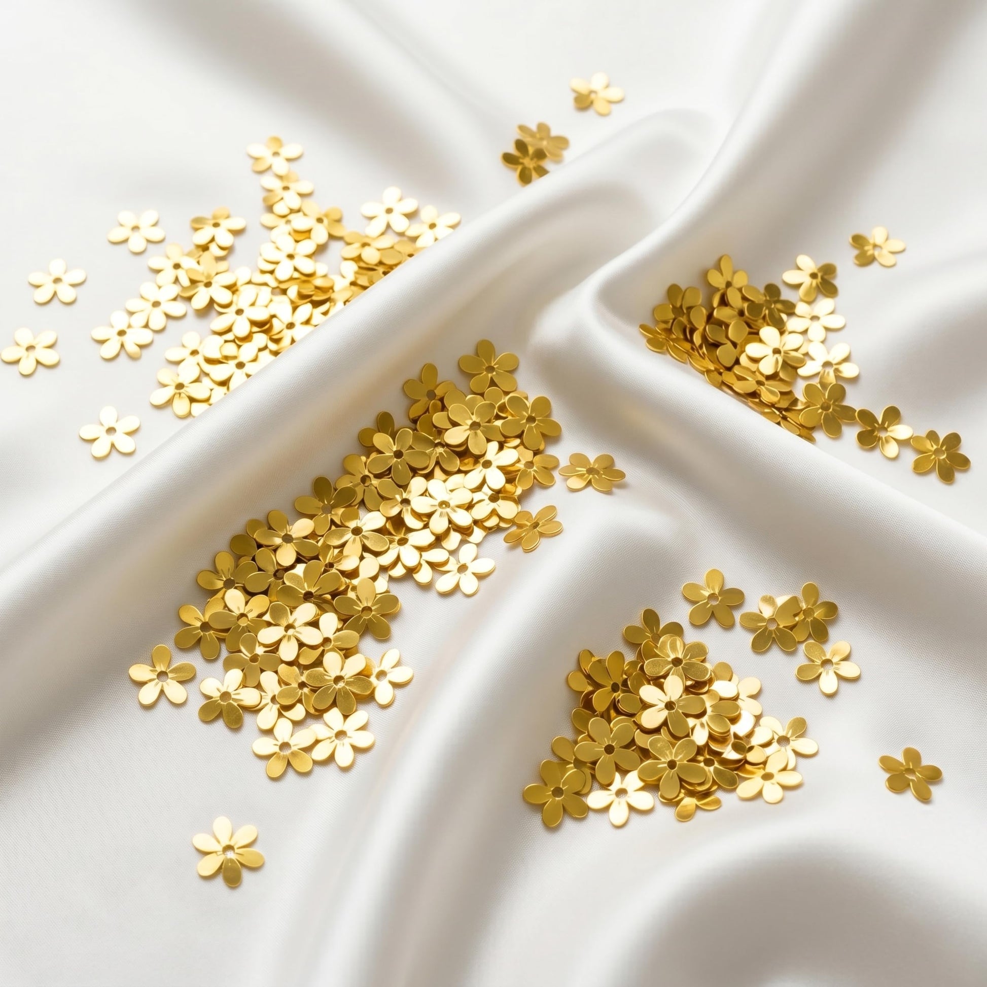 Show a clean craft look in dress decoration with 10mm gold metallic sequin embellishments for boutique craft projects.